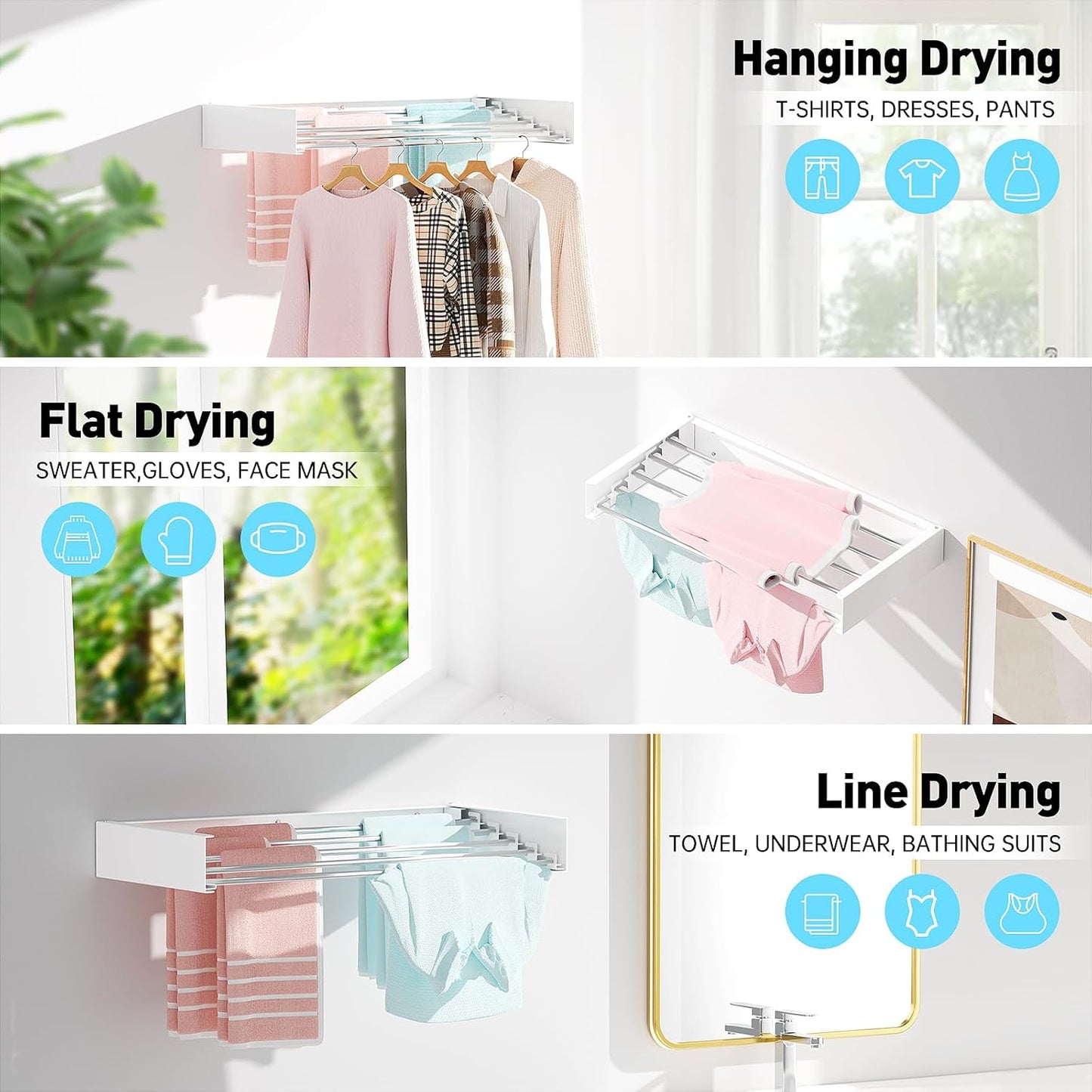 Wall Mounted Clothes Drying Rack, Extending Laundry Rack, Wall Mount Laundry Drying Rack Folding Indoor, 60lbs Capacity (5 Drying Rods, White 31.5")