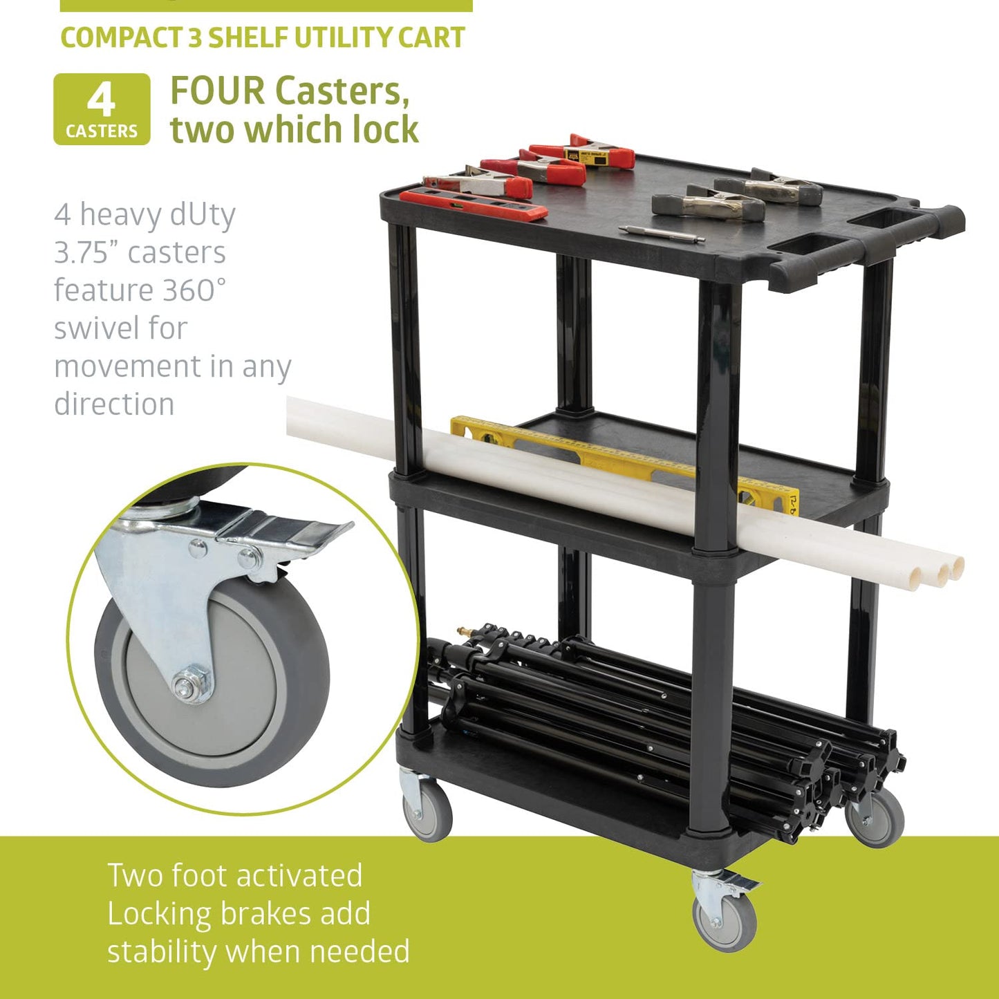 Pearington 3-Tier Compact Multi-Purpose Utility Cart with Lockable Wheels and Ergonomic Handle, Black, 2 Pack