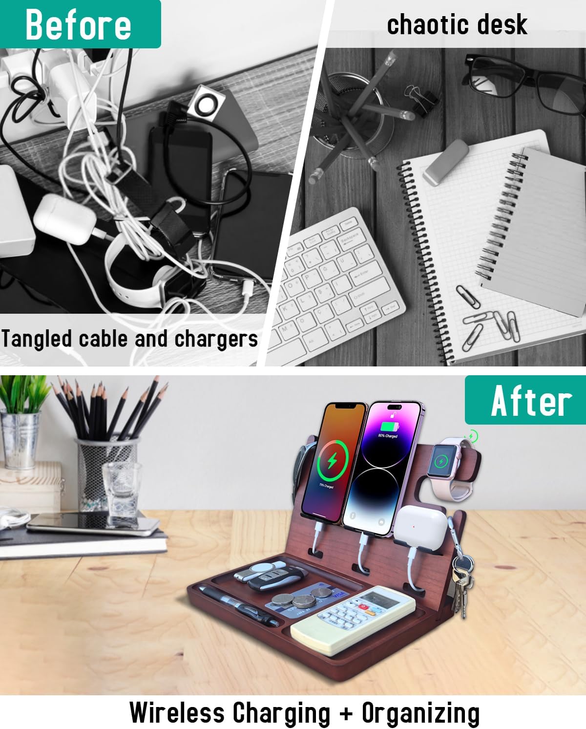 Wood Phone Docking Station for Men Nightstand Organizer Charger with 4 USB PD & QC3.0 Fast Charging Station for Multiple Devices iPhone Samsung Google Android Anniversary Birthday Gifts for Him