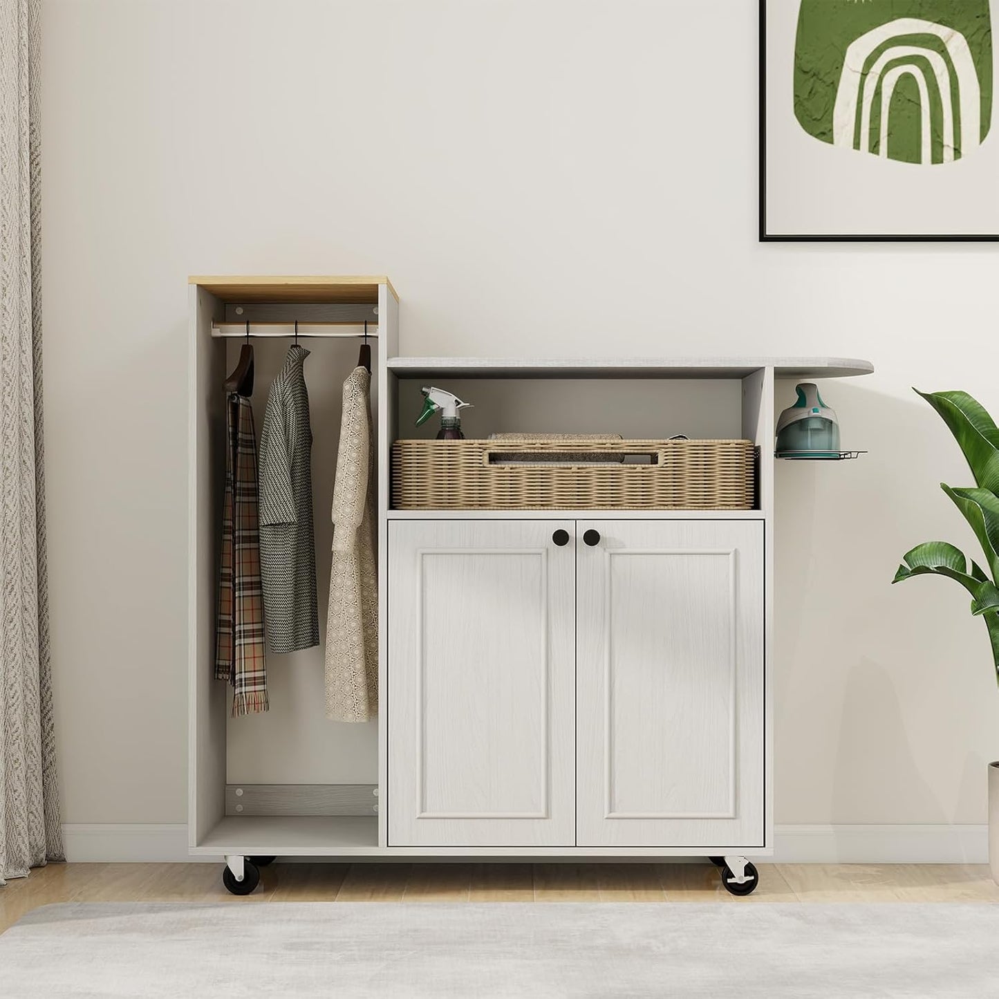 Multipurpose Rolling Ironing Board with Storage Cabinet, Wooden Ironing Cabinet with Wheels, Ironing Table with Heat-Resistant Sponge