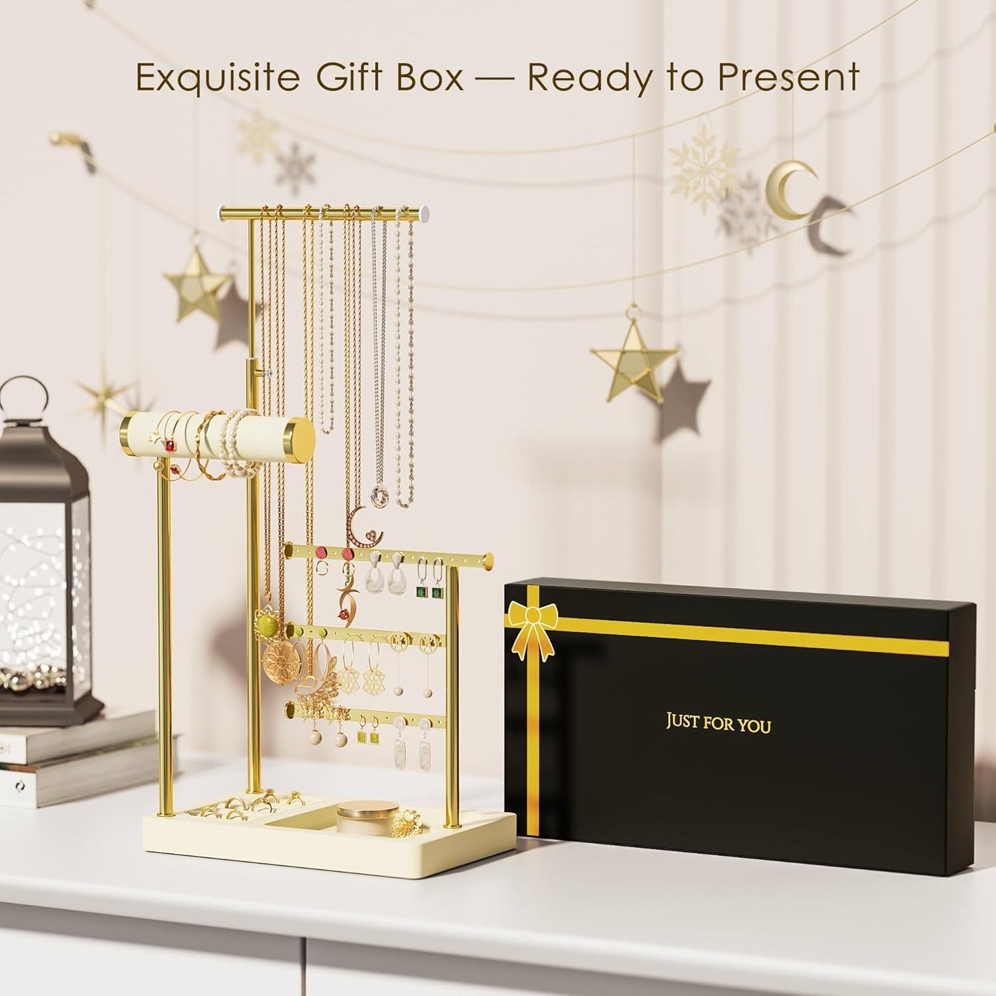 SZQINJI 5 Tier Jewelry Holder Organizer, Gold Jewelry Stand with Velvet Bracelet Holder, Adjustable Height Jewelry Display for Necklaces, Bracelets, Earrings, Rings, Gift Idea for Women, Beige