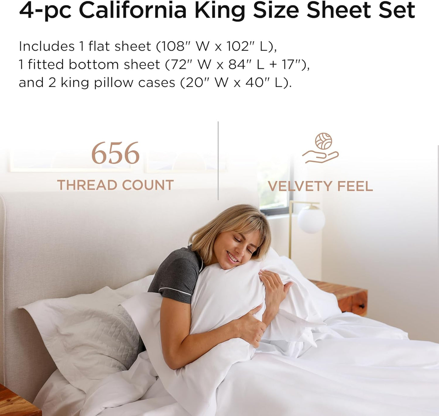 Threadmill California King Sheet Sets |Certified American Supima Cotton Sheets | 656 Thread Count 4 Piece Hotel Quality Luxury Bed Sheets Set with Elasticized Extra Deep Pocket | White Sheets