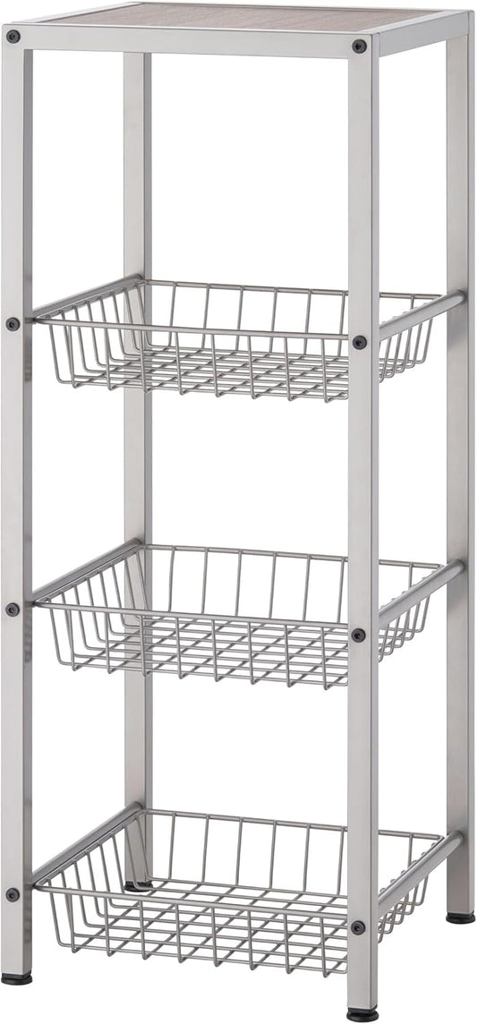 TRINITY 4-Tier Freestanding Metal Shelving Rack with Wire Baskets, Wood Top, and Adjustable Feet, 12"x12"x30", Champagne + Classic Gray Top
