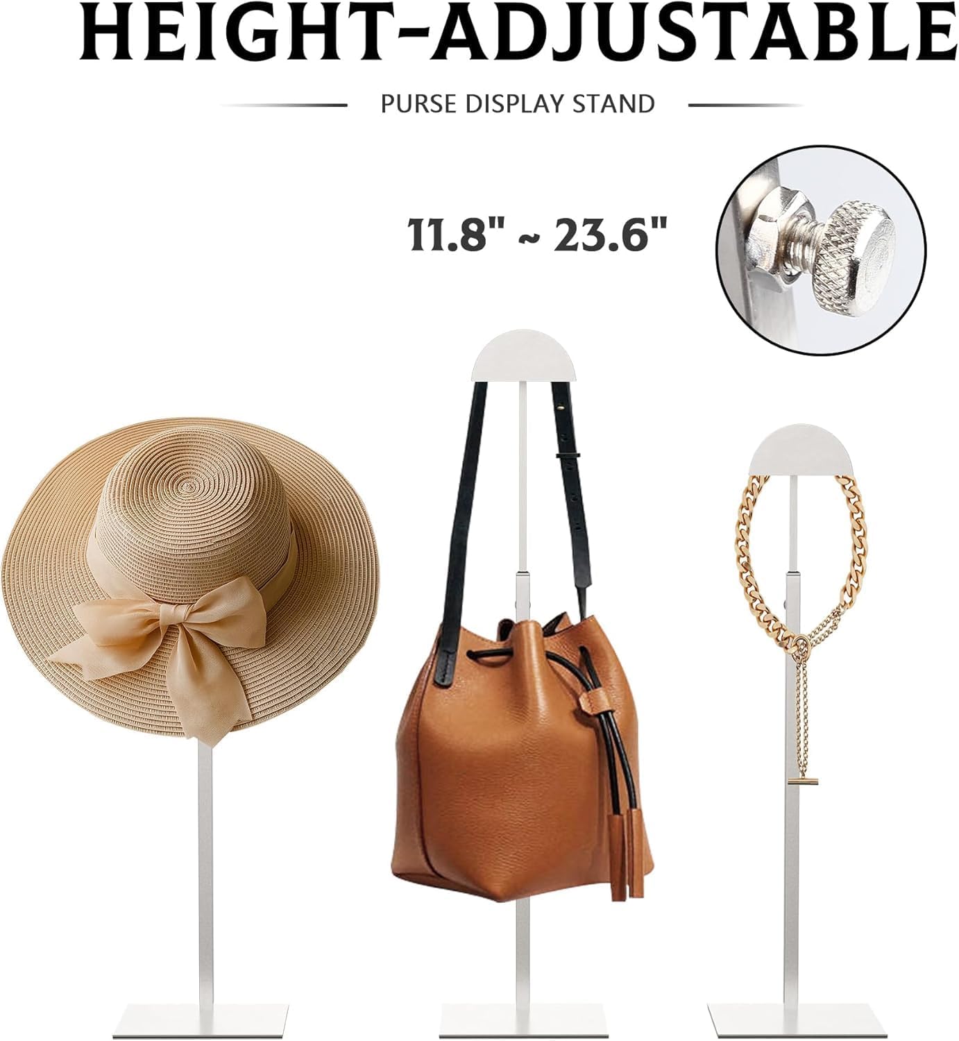 Purse Display Stand Adjustable Height Silver Purse Rack for Handbags Necklaces Scarves Hats & Headphones 14" - 24" Purse Hanger Shelf for Retail Display