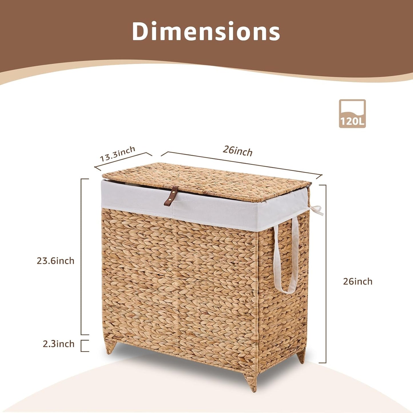 Laundry Hamper with Lid and Removable Liner Bag, Handwoven Natural Hyacinth Clothes Hamper with Heightened Feet, Wicker Laundry Basket for Clothes and Towels，Large, 2-sections