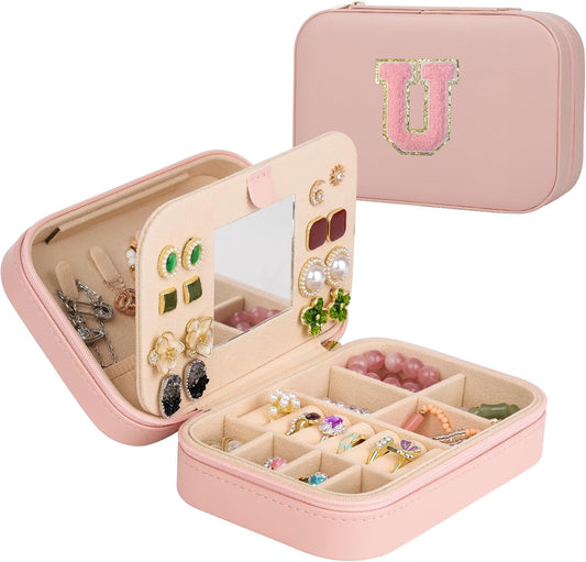 TopPerfekt Travel Jewelry Case Travel Jewelry Box With Mirror, Jewelry Organizer Bridal Shower Gifts To Her, Earring Travel Case, Trendy Gift for Women and Girls (U, Pink)
