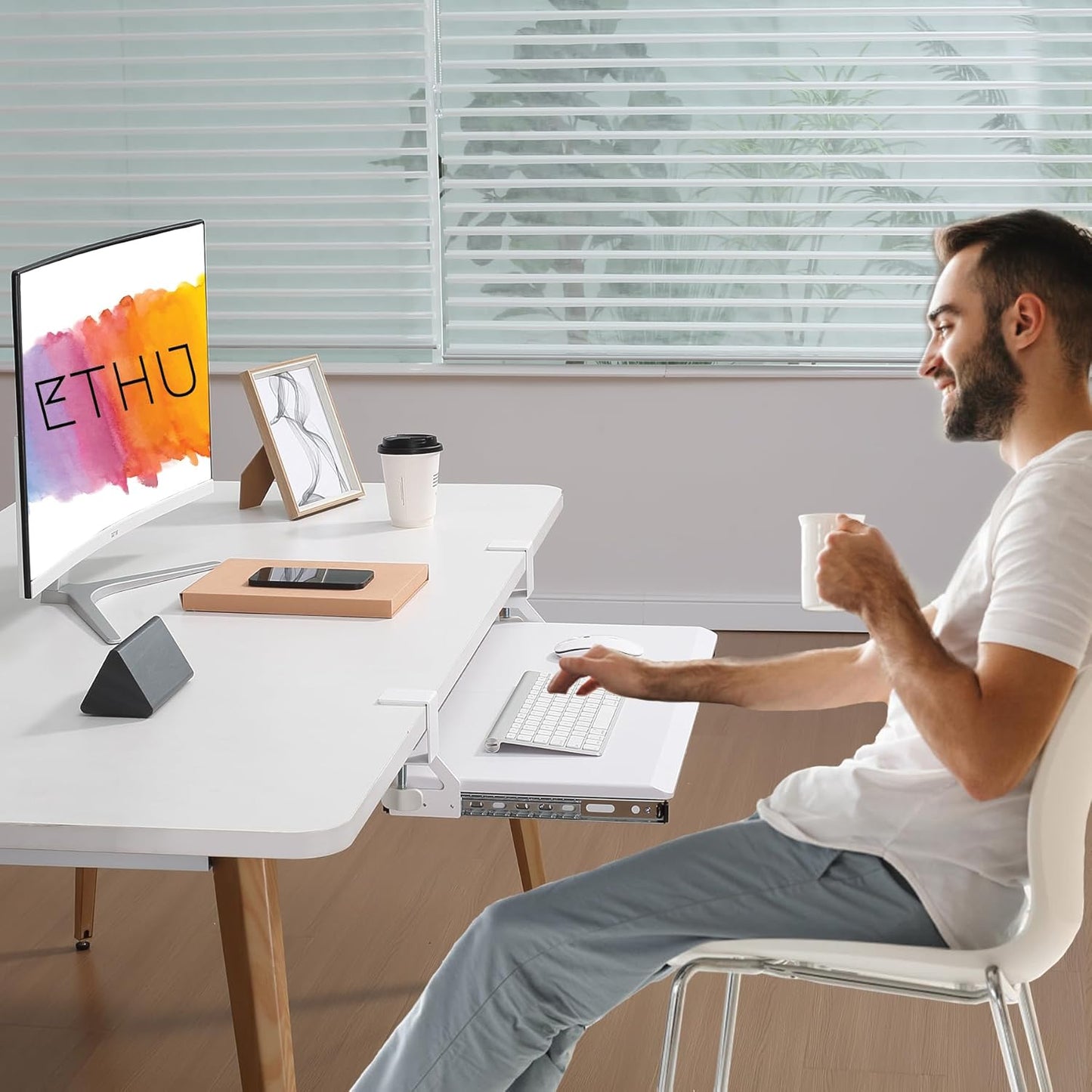 ETHU Keyboard Tray Under Desk, 19.7" X 12.2" Small Size C Clamp Keyboard Drawer Under Desk, Computer Keyboard Stand Slide Pull Out, Ergonomic Keyboard Tray for Home, Office(White)