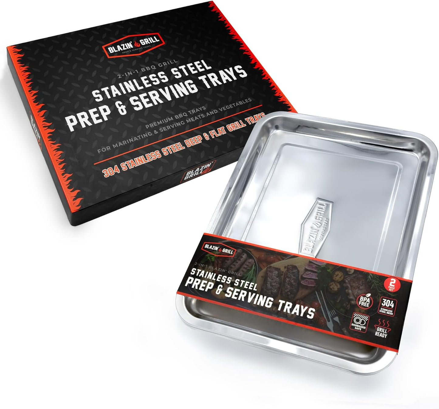 BLAZIN' GRILL Prep and Serving Trays | Set of 2 Stackable, Stainless Steel BBQ Grill Trays | Serving Platter for Marinating, Serving & Chopping | Grill Accessories for Plating Food & BBQ Prep Tub |