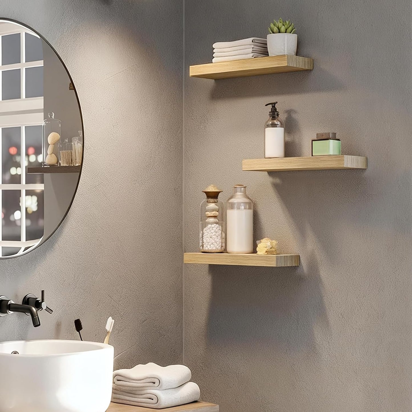 HOOBRO Floating Shelves for Wall, Wall Mounted Shelf Set of 2, 15.7" Hanging Shelf with Invisible Brackets, for Wall in Bathroom, Bedroom, Toilet, Kitchen, Living Room, Office, Natural NL40BJ01
