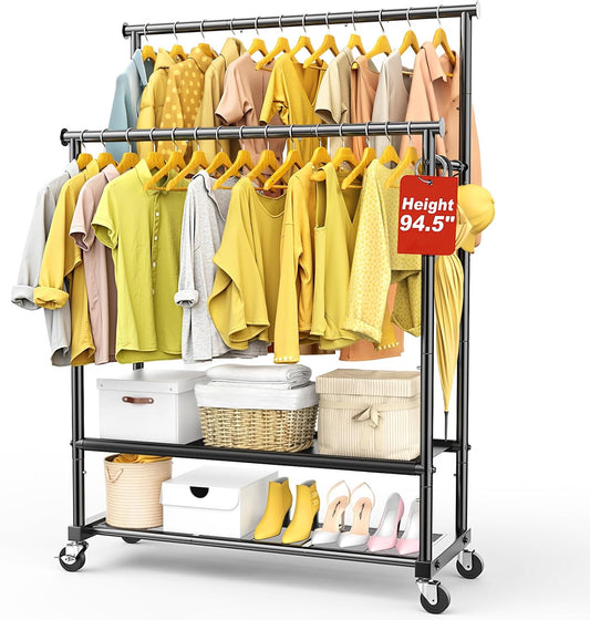Double Rod Clothing Rack Heavy Duty with Oxford and Mesh Bottom Shelves, Garment Racks for Hanging Clothes, Portable Wardrobe Rack, Metal Clothes Rack Sturdy Coat Rack for Bedroom Laundry Living Room