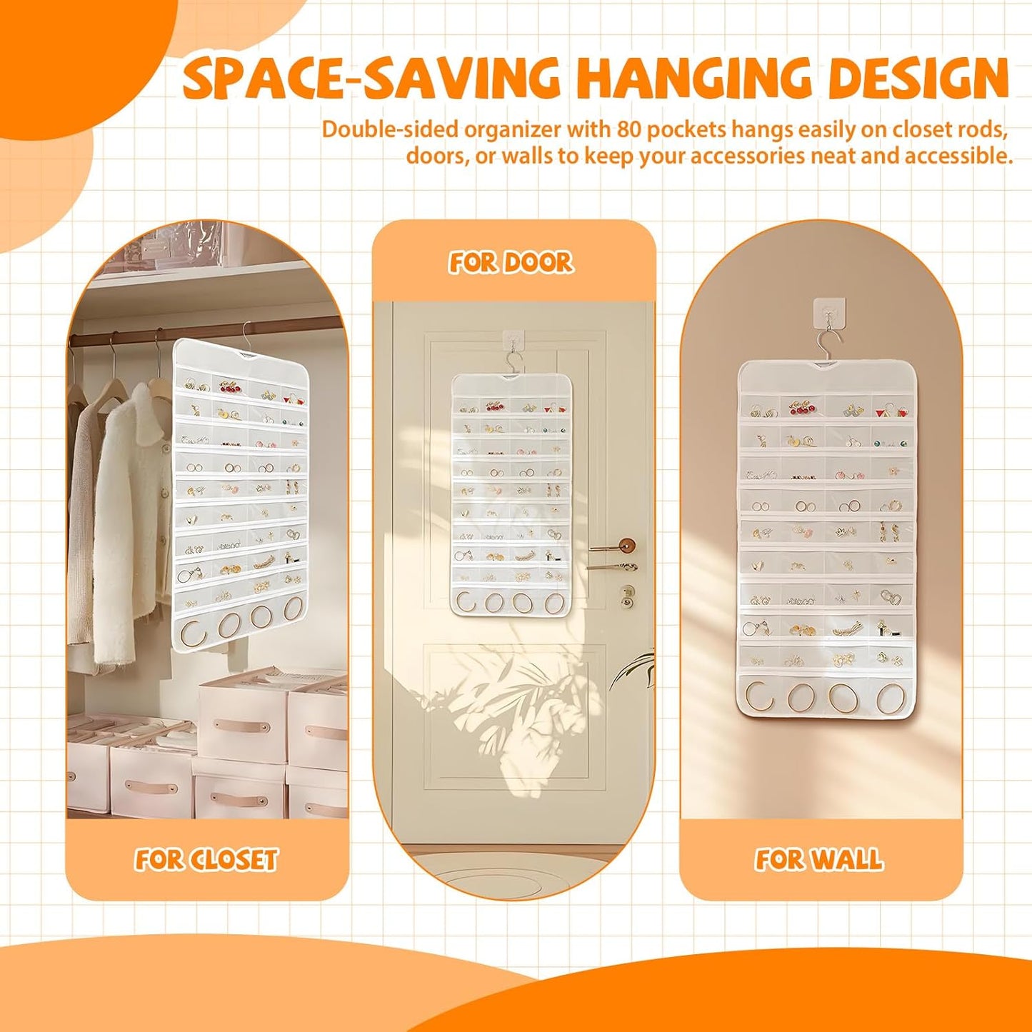 80 Pockets Hanging Jewelry Organizer, Double-Sided White Closet Jewelry Holder for Space-Saving Storage of Earrings, Rings, Bracelets and Small Accessories