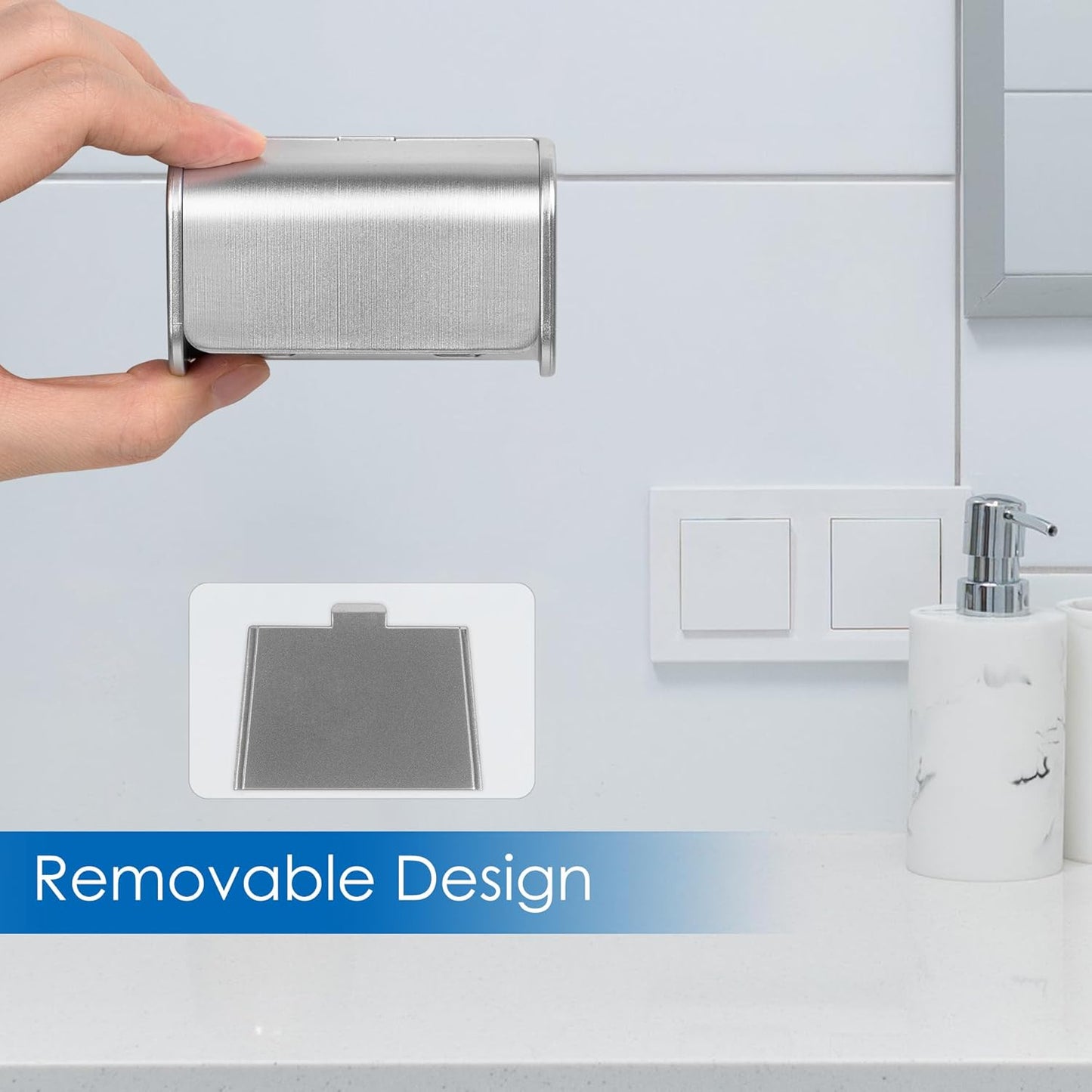 Toothbrush Holder Wall Mounted with Cover for Bathroom, 2 Slots Toothbrush Storage Organizer for Shower, Self Adhesive Toothbrush Hanger Rack for Dorm, Cabinet (Brushed Silver)