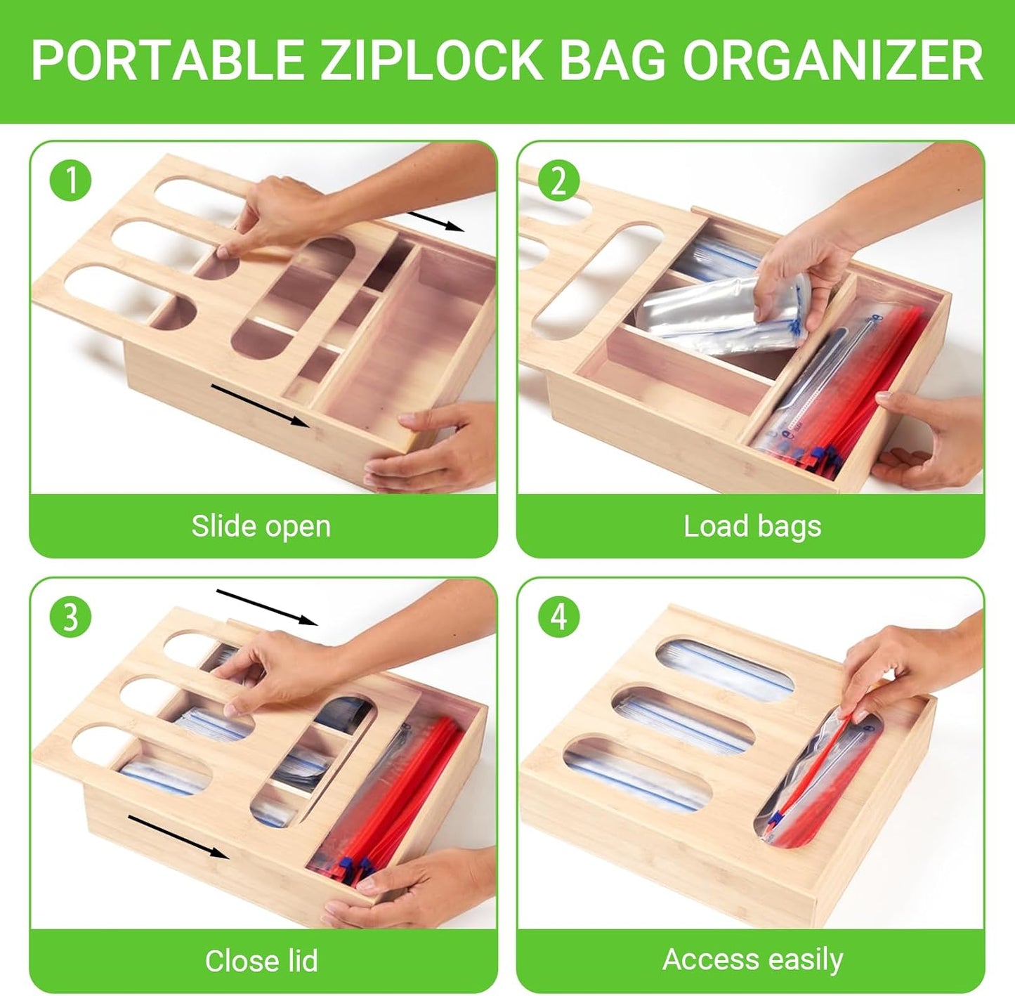 Baggie Organizer for Drawer, Wooden 4 Slot Zip Lock Storage Bag Organizer Holder - Wall Mounted Kitchen Food Baggie Dispenser Compatible with Sandwich Snack Gallon Quart Tea Slider Bags