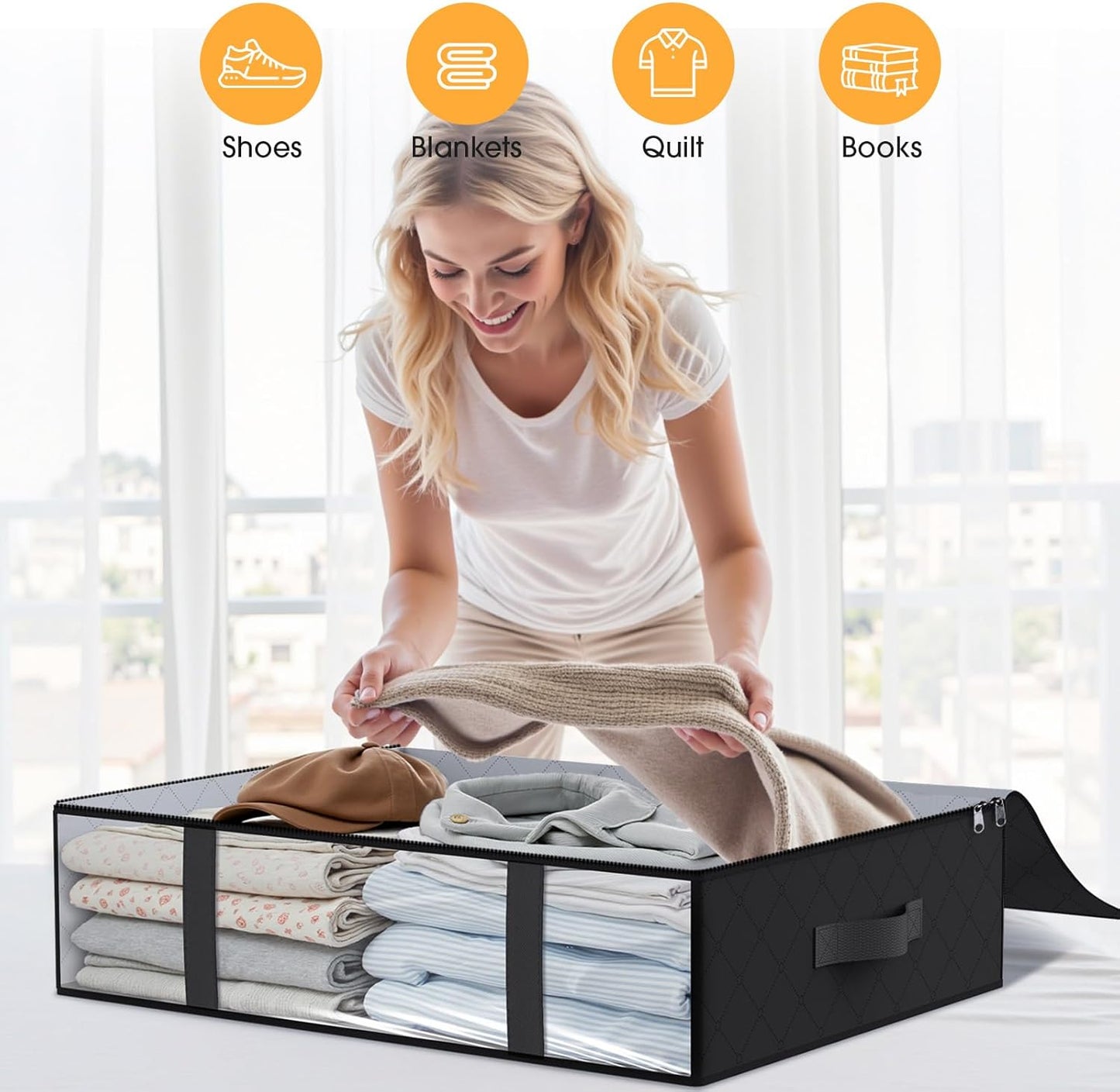 StorageRight Under Bed Storage Bins, 3-Pack 40L Foldable Fabric Storage Bags with Transparent Window, Breathable Organizer for Clothes/Blanket/Comforter/Quiltr, Black