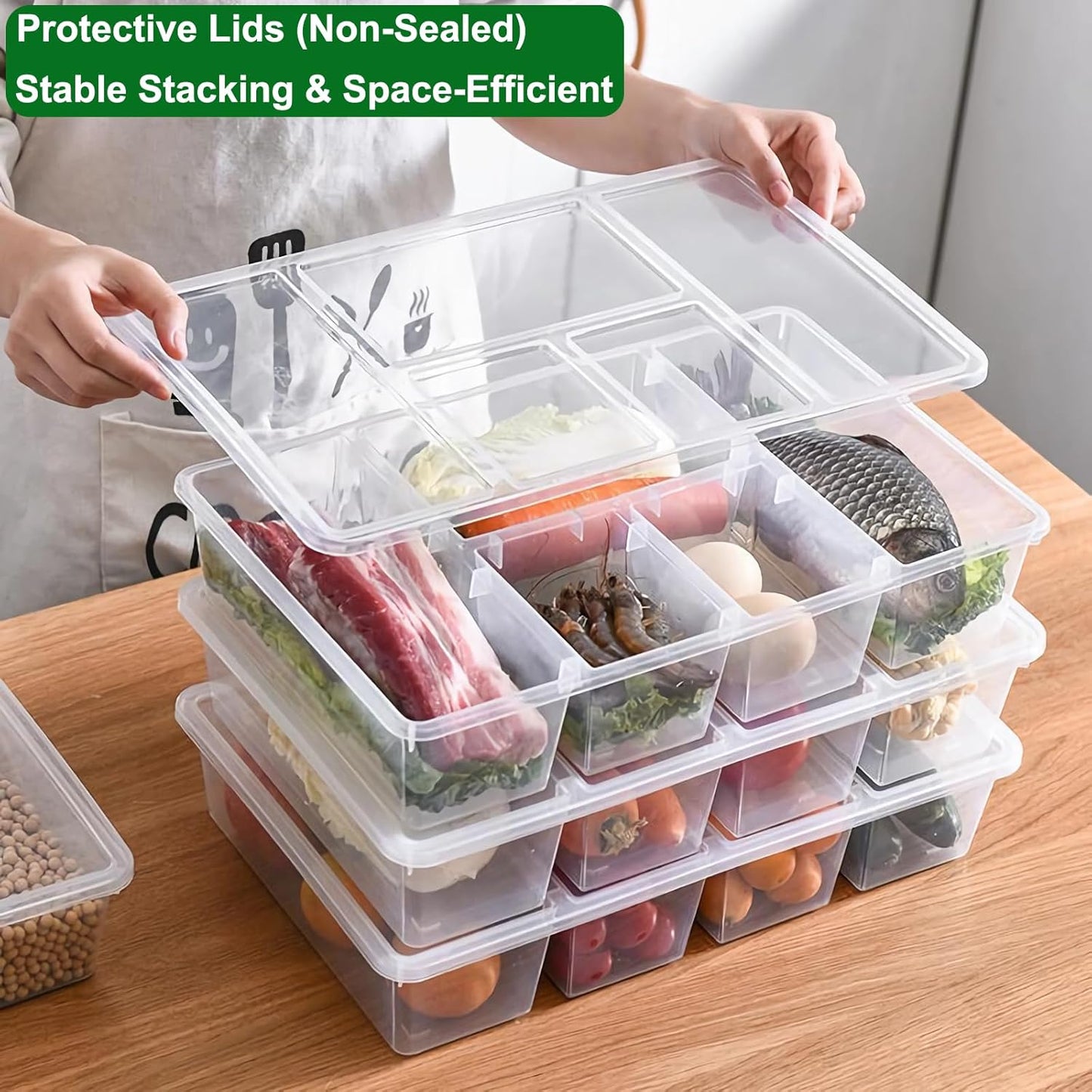 Taiuloo 2 Pack Divided Veggie Tray with Lid, Salad Bar Containers for Fridge Organizer, 5 Compartment Snackle Box Container, Clear Plastic Food Storage & Seving for Fruit, Vegetable, Snack, Meal Prep