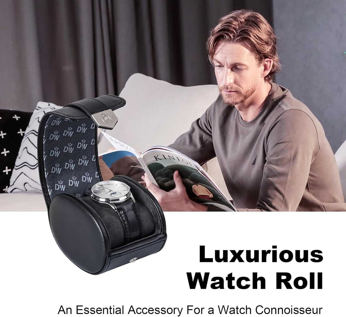 DUKWIN Watch Roll,Vegan Leather Travel Single Watch Case Organizer with Removable Pillows for Men and Women,Display Case for All Watches Collection and Gift for Anniversary Birthday(Black Storage Box)