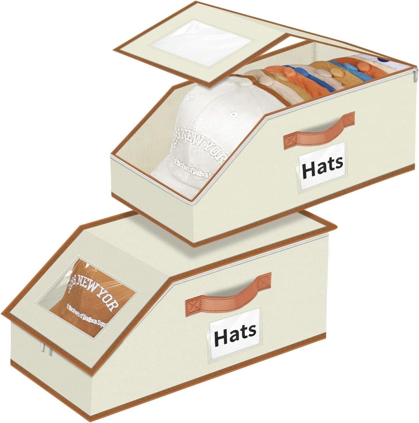Hat Organizer for Baseball Caps - 2PCS Stackable Storage with Clear Window Lid, Flip-Top Access, Space-Saving Hat Box for Closet, Breathable Fabric (beige with brown)