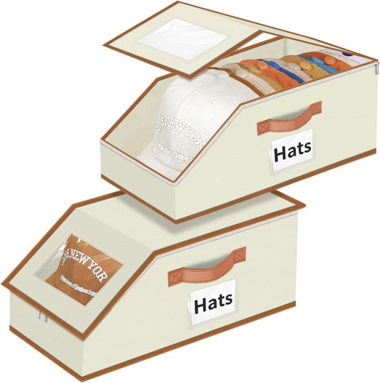 Hat Organizer for Baseball Caps - 2PCS Stackable Storage with Clear Window Lid, Flip-Top Access, Space-Saving Hat Box for Closet, Breathable Fabric (beige with brown)