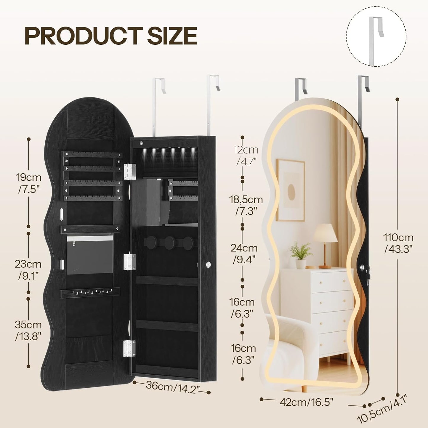 HOOBRO LED Mirror Jewelry Cabinet, Wall/Door Mounted Jewelry Organizer, Jewelry Aromire with Wavy Mirror Full Length, Lockable Cosmetics Storage Cabinet, Interior Mirror, 16.5" x 4.1" x 43.3", Black