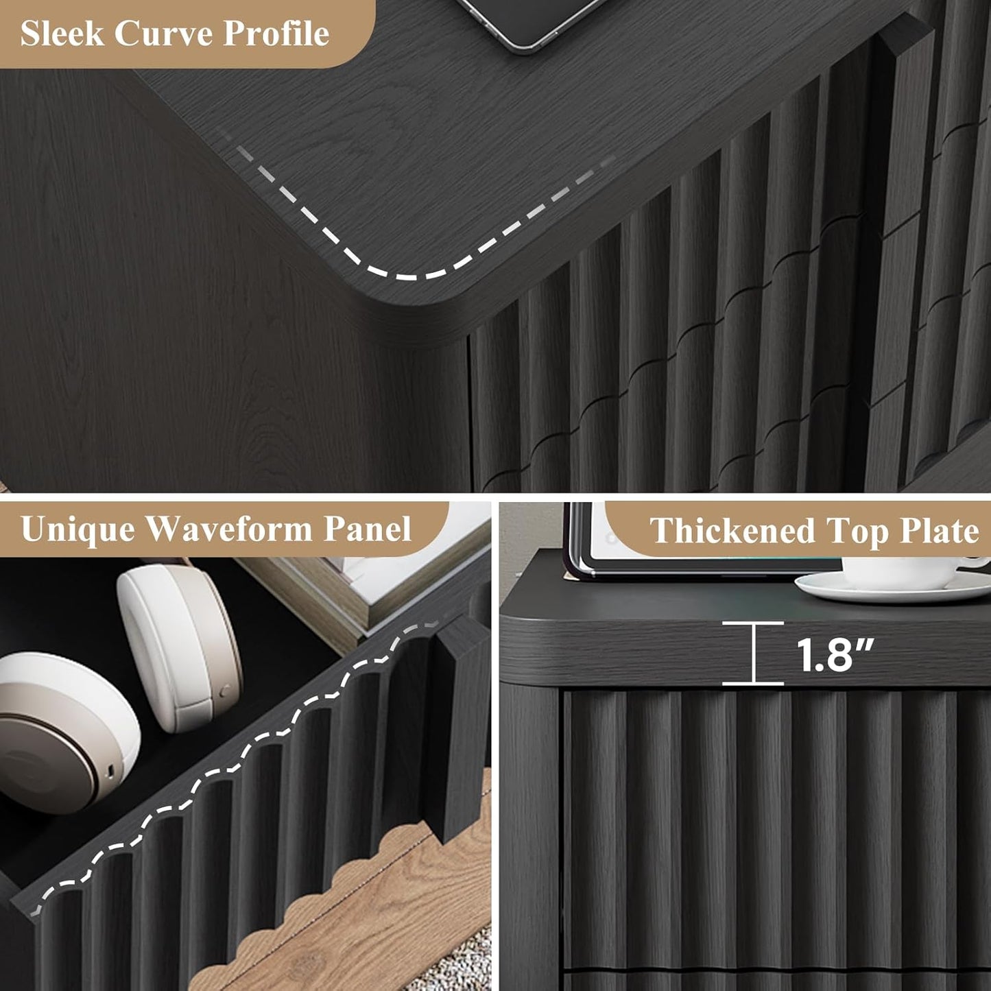 Fluted Nightstand with Charging Station, 23.6" Night Stand with Solid Wood Handle, Mid Century Moden Bedside Table End Table 3 Drawer Dresser for Bedroom, Living Room, Black