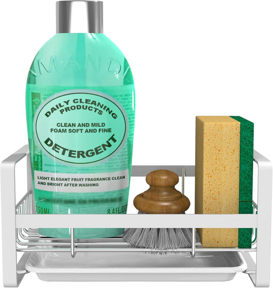 VANTEN Kitchen Sink Caddy - Silver Sink Organizer, Sponge/Soap Dish Dispenser with Brush Holder, Adhesive/Countertop Mount