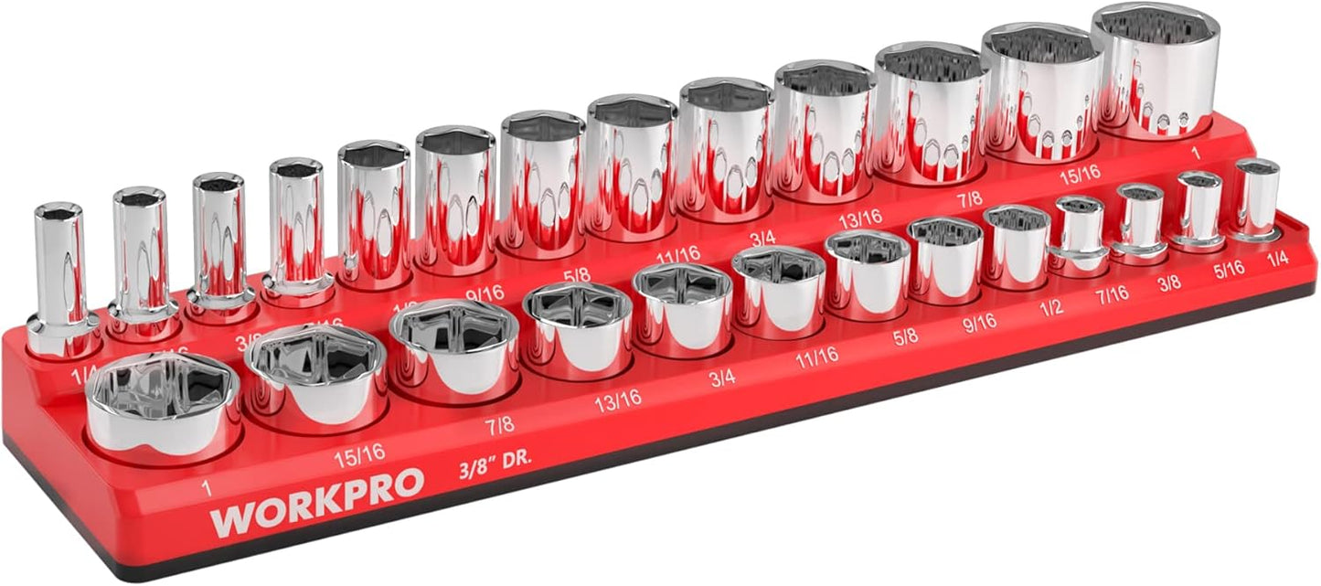 WORKPRO Magnetic Socket Organizer, 3/8-Inch SAE Socket Holder, Socket Trays Holds 26 Pieces Standard Size and Deep Size Sockets(Sockets not Included)