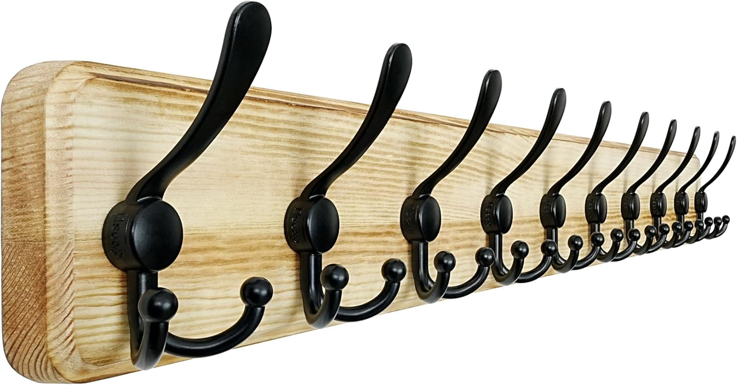 Dseap Coat Rack Wall - Heavy-Duty 38-1/4" Long, with Reinforced 10 Custom Tri-Hooks, Solid Wood Wall Hanger for Coats Hat Jackets - Rustic Farmhouse Entryway Hallway Storage, Light Brown & Black