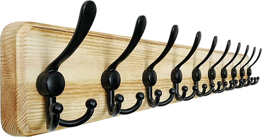 Dseap Coat Rack Wall - Heavy-Duty 38-1/4" Long, with Reinforced 10 Custom Tri-Hooks, Solid Wood Wall Hanger for Coats Hat Jackets - Rustic Farmhouse Entryway Hallway Storage, Light Brown & Black