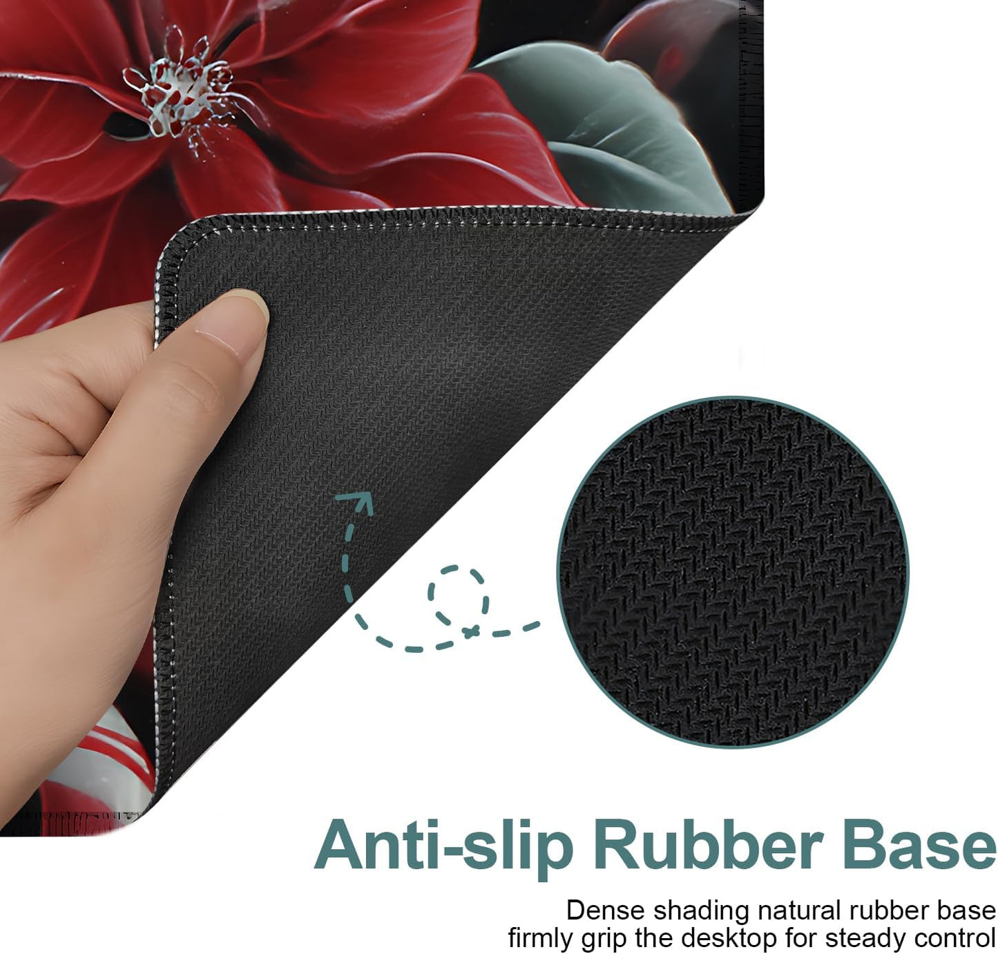 Christmas Flowers Gaming Mouse Pad 31.5"x11.8"Desk Mat Anti-Slip Rubber Base & Durable Stitched Edges for Gamers Smooth Mouse Writing Surface for Desk Office/Home