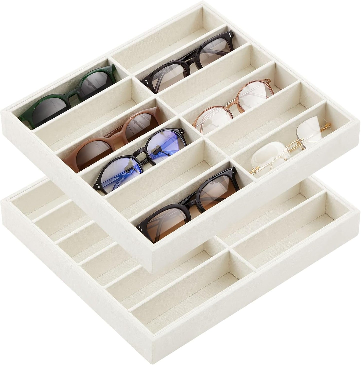 Amylove 2 Pcs Sunglass Organizer Trays Glasses Stackable Jewelry Trays Sunglass Organizer Display Box (12 Grids,Beige)