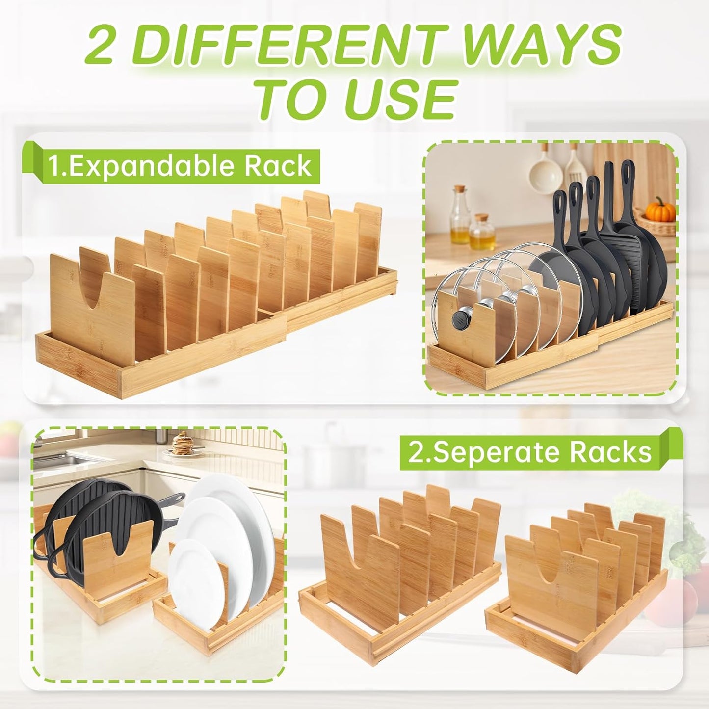 Pots and Pans Organizer under Cabinet - Bamboo Expandable Pot Lid Organizer, Adjustable Bakeware and Cutting Board Organizers, Pot Lid Holder Rack for Kitchen Organizers and Storage