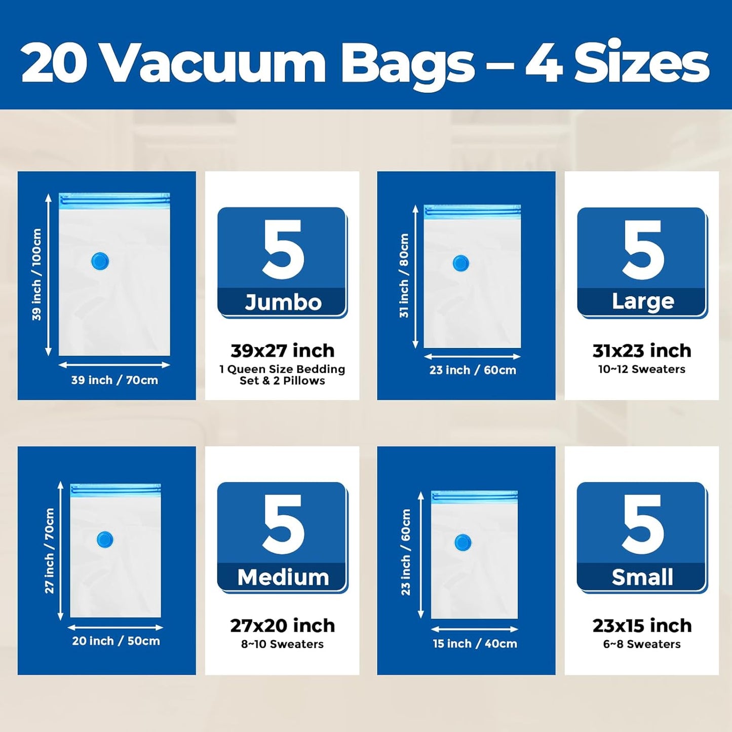 ETENWOLF 20 Pack Vacuum Storage Bags, Vacuum Seal Bags for Clothes and Travel, Space Saver Bags in Multiple Carry-On Sizes, Perfect for Luggage and Suitcases