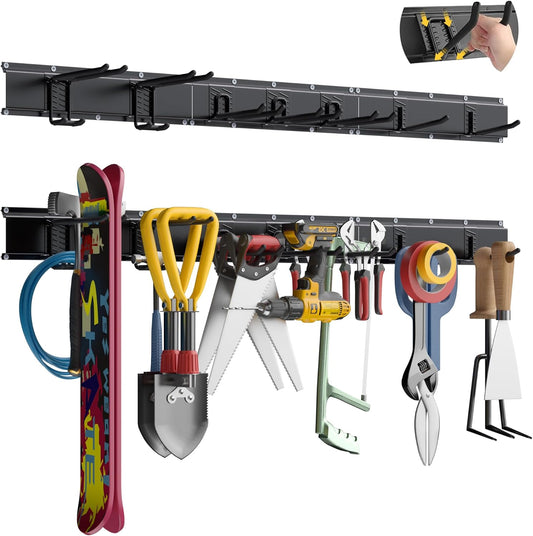 Garage Tool Organizer Wall Mount with 48 inches Rails and 7 Adjustable Heavy-Duty Hooks, Garden Tool Organizer, 10 Pack Carries 440 lbs, Heavy Duty Garage Storage Rack For Yard, Shed, Easy to install