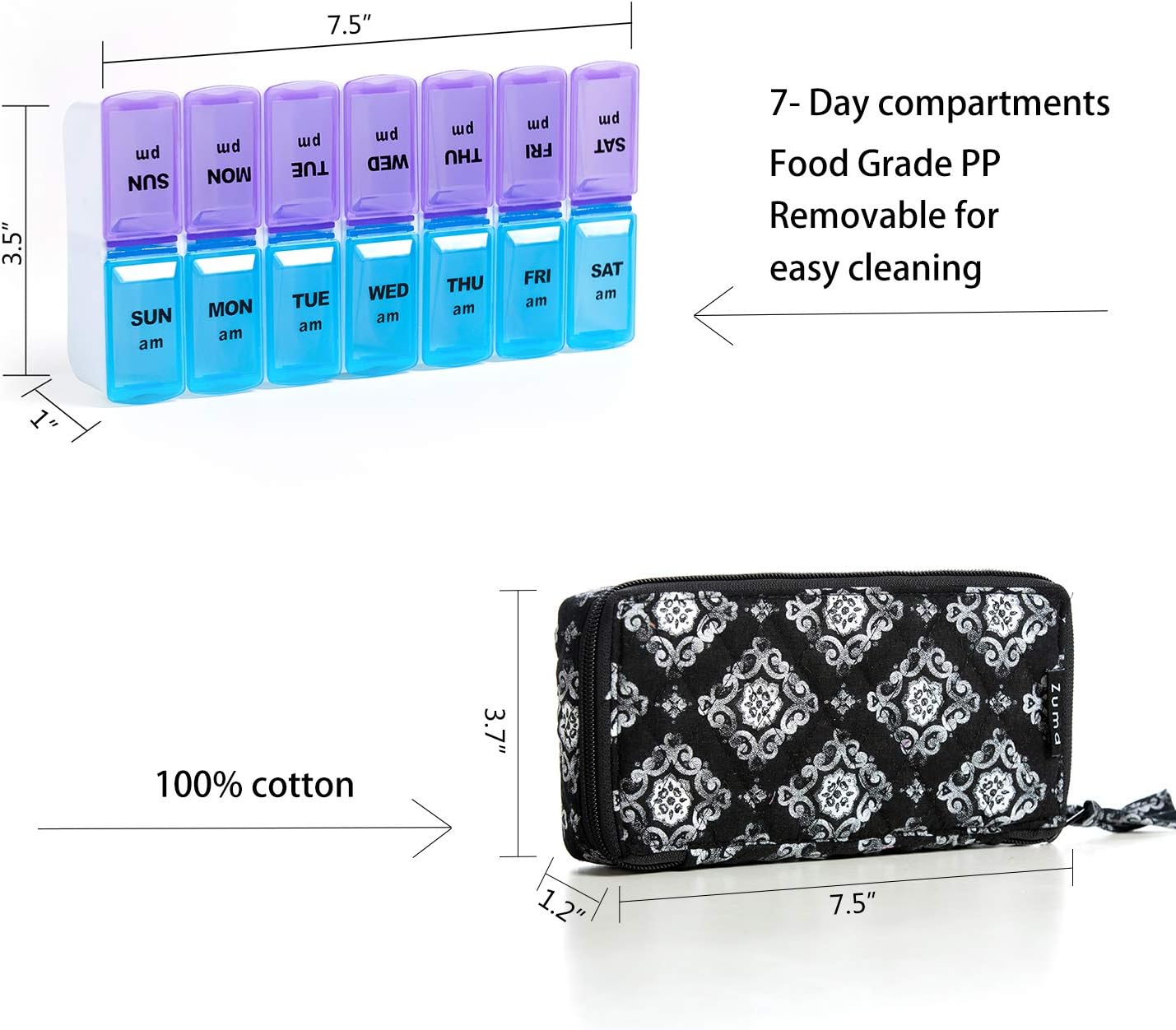 Weekly 7 Day Pill Organizer Case 2 Times a Day (AM/PM), Large Portable Pill Box 7 Day for Vitamin Medicine, Pill Case with Quilted Fabric Zipper Cute Bag for Travel or Daily