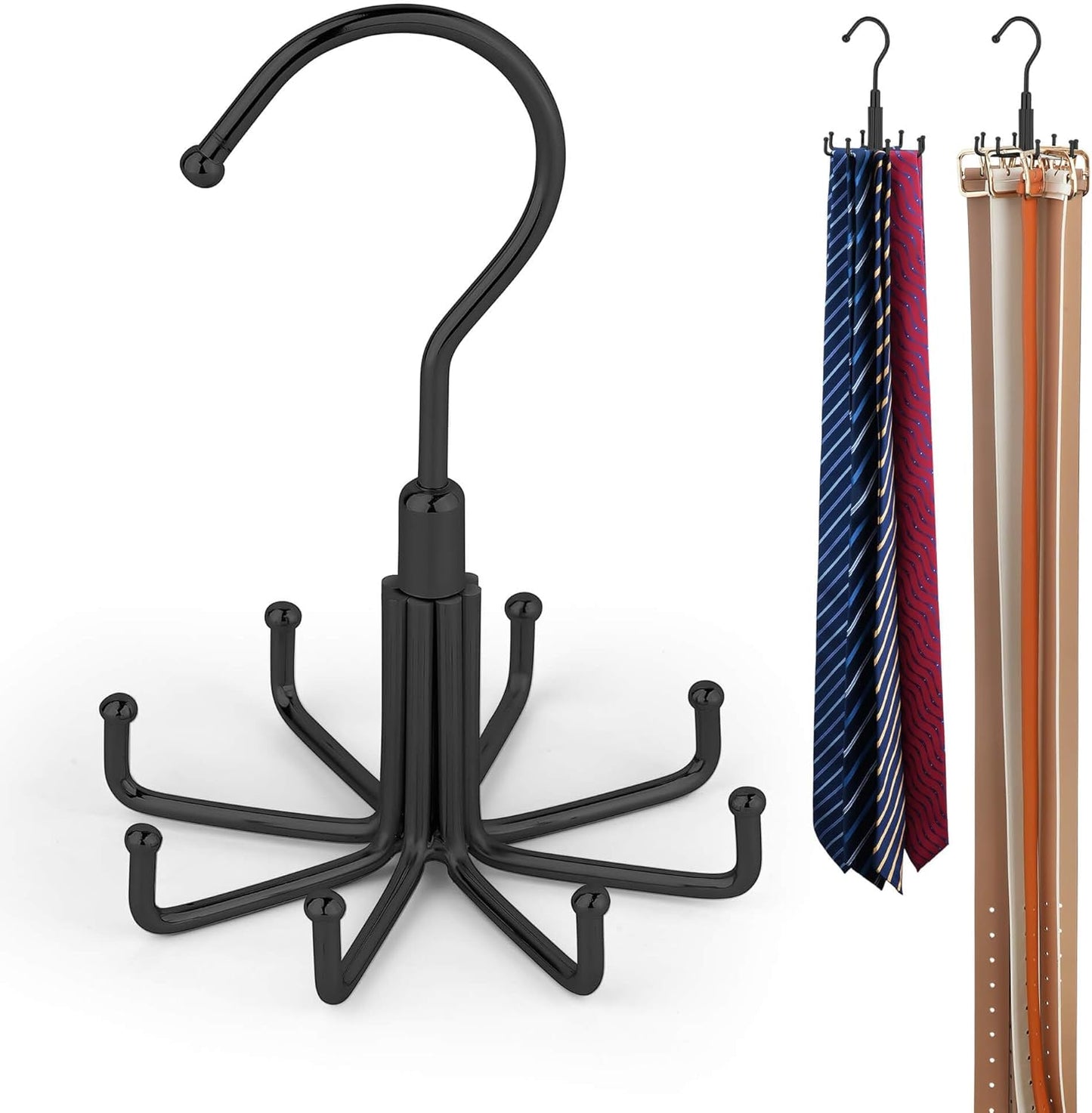 ZEDODIER Tie Hanger for Closet, 2 Pack Rotatable Tie Organizer for Men with 16 Hooks, Heavy Duty Space Saving Tie Rack for Ties and Belts, Black