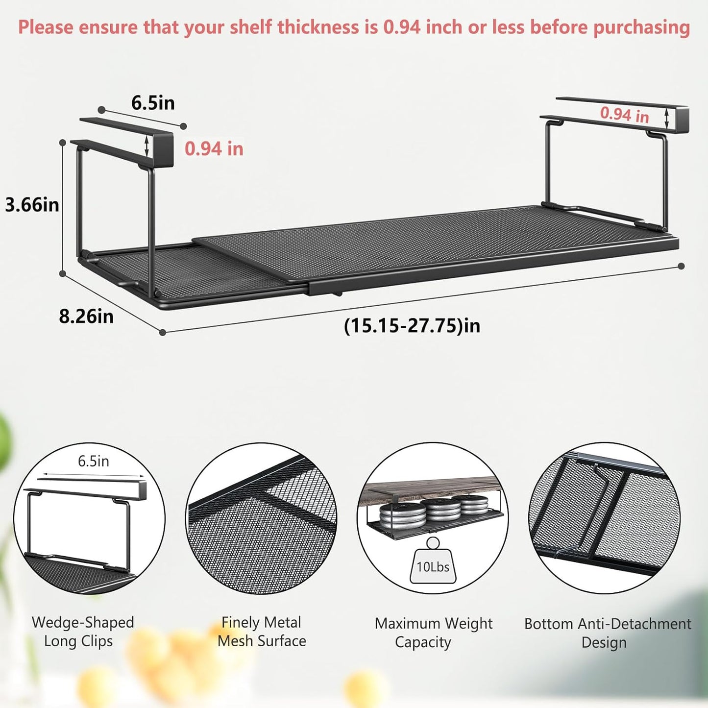 Expandable Under Cabinet Shelf, Extendable Under Shelf Storage with 0.94 Inches Thick Clips for Pantry Cabinet, Laundry Room, Shoe Rack. (Black, 2 Pack, Interior: 3.66" H x 8.26" D)