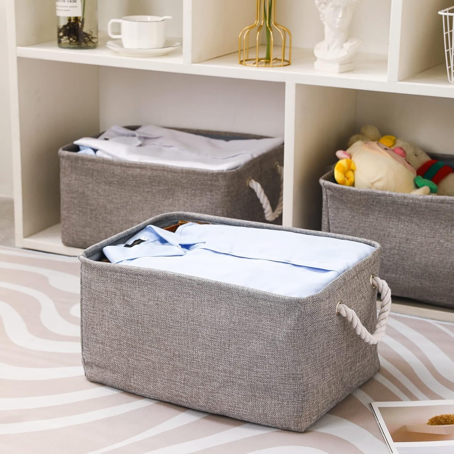 combocube 15.7 x 11.8 x 8.2 Inch Fabric Storage Bins for Shelves, Linen Storage Organizer Storage Basket with Ropes for Laundry, Home, Closet, Office, Clothes, Toys Organizer