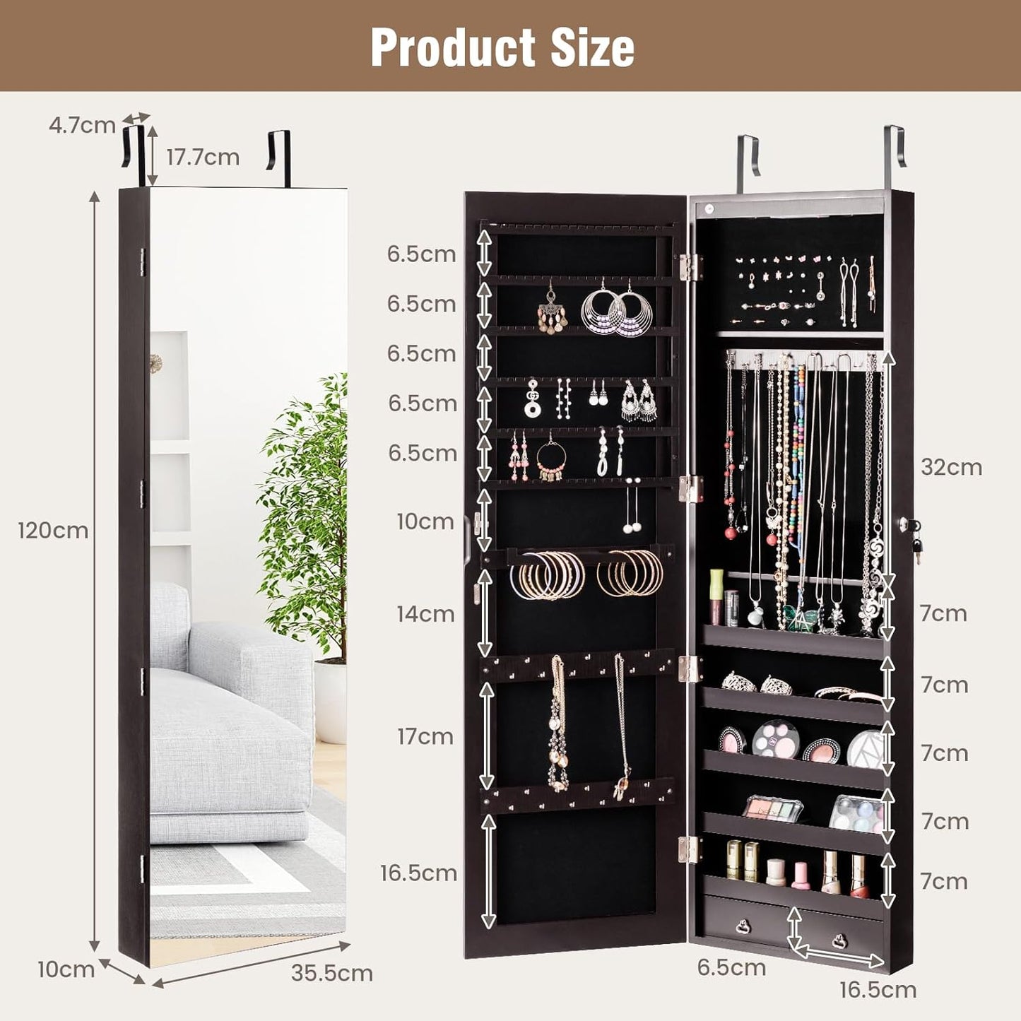 HAPPYGRILL Over the Door Jewelry Organizer, Hanging Jewelry Storage Cabinet w/Full-Length, Inner Makeup Mirror, Earring Shelves, Ring Slots, 25 Necklace Hooks, Wall Mounted Jewelry Armoire for Women