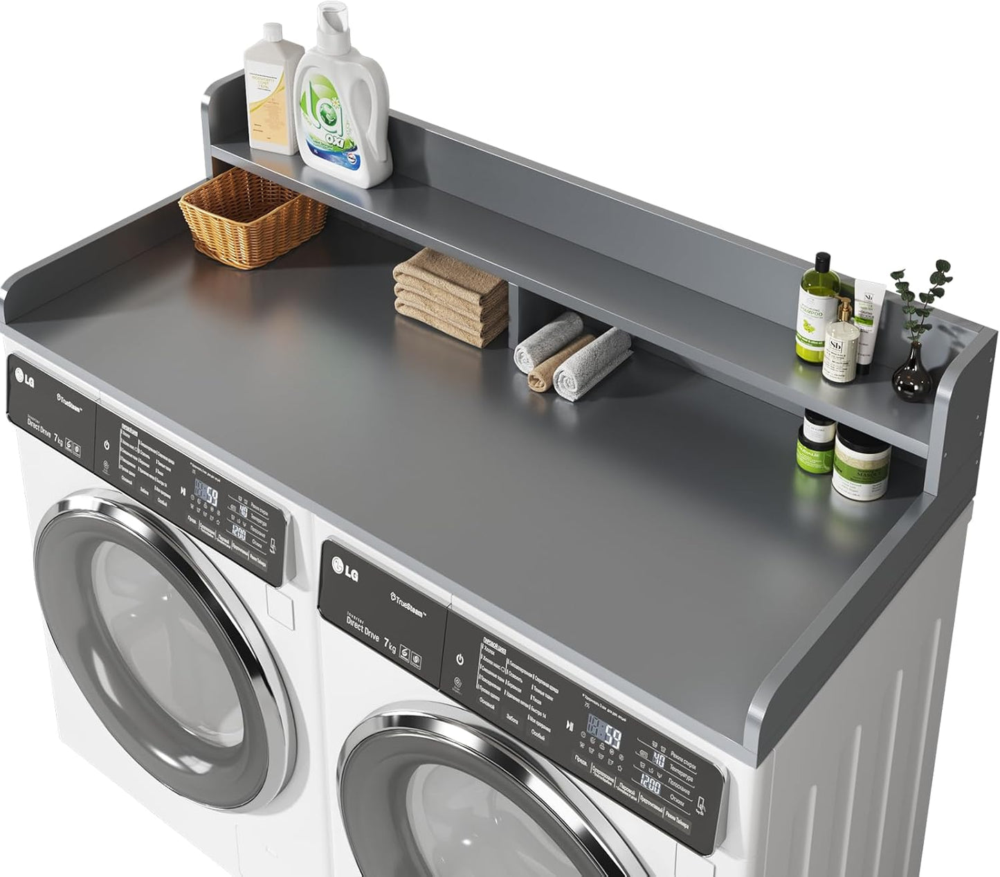 2-Tier Washer and Dryer Countertop with 2.75" H Guard,58" W x 28" D Laundry Countertop Cover with Non-Slip Pad,Large Space Laundry Topper for Folding Clothes Over Washer and Dryer-Grey
