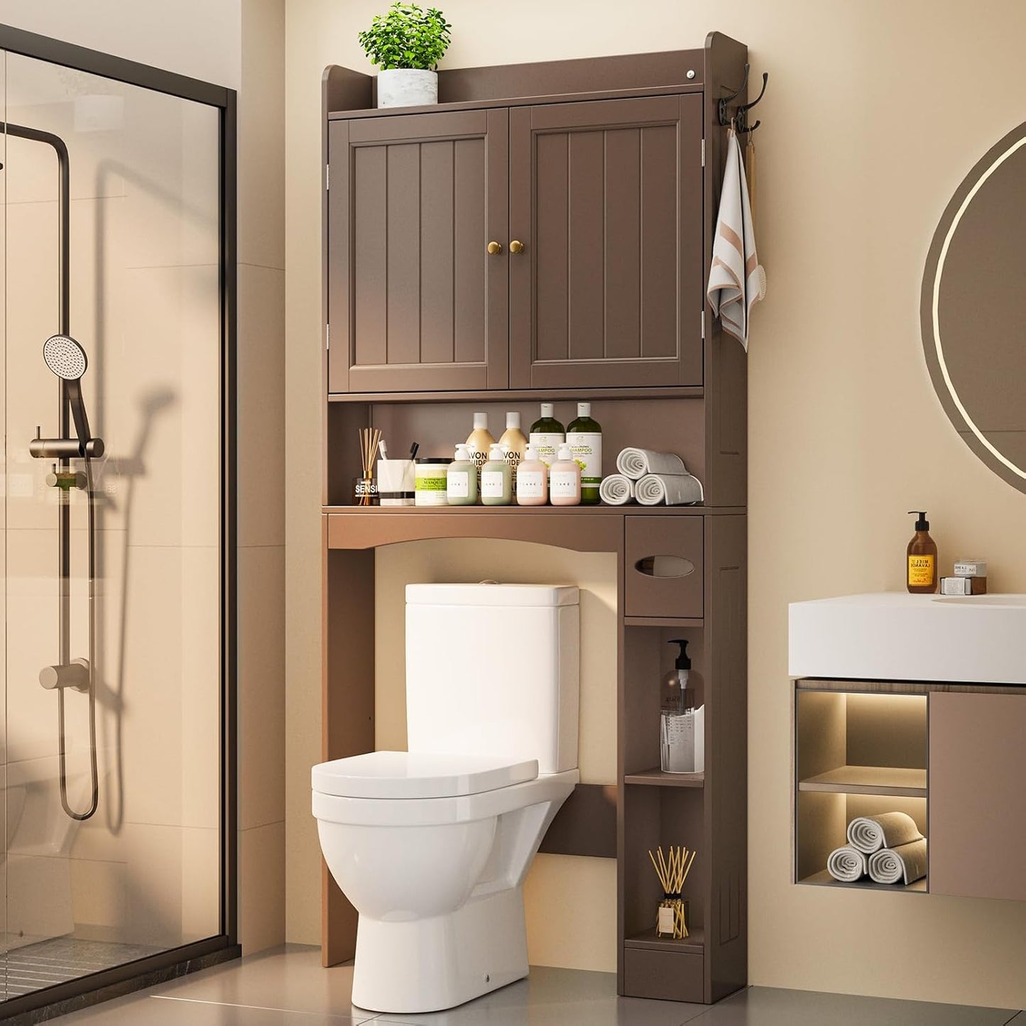 Ahomly Over The Toilet Storage Cabinet, 32.3" W Over Toilet Bathroom Organizer with Doors, Adjustable Shelves, Toilet Paper Holder, 2 Side Hooks, Space-Saver for Bathroom, Laundry, Espresso