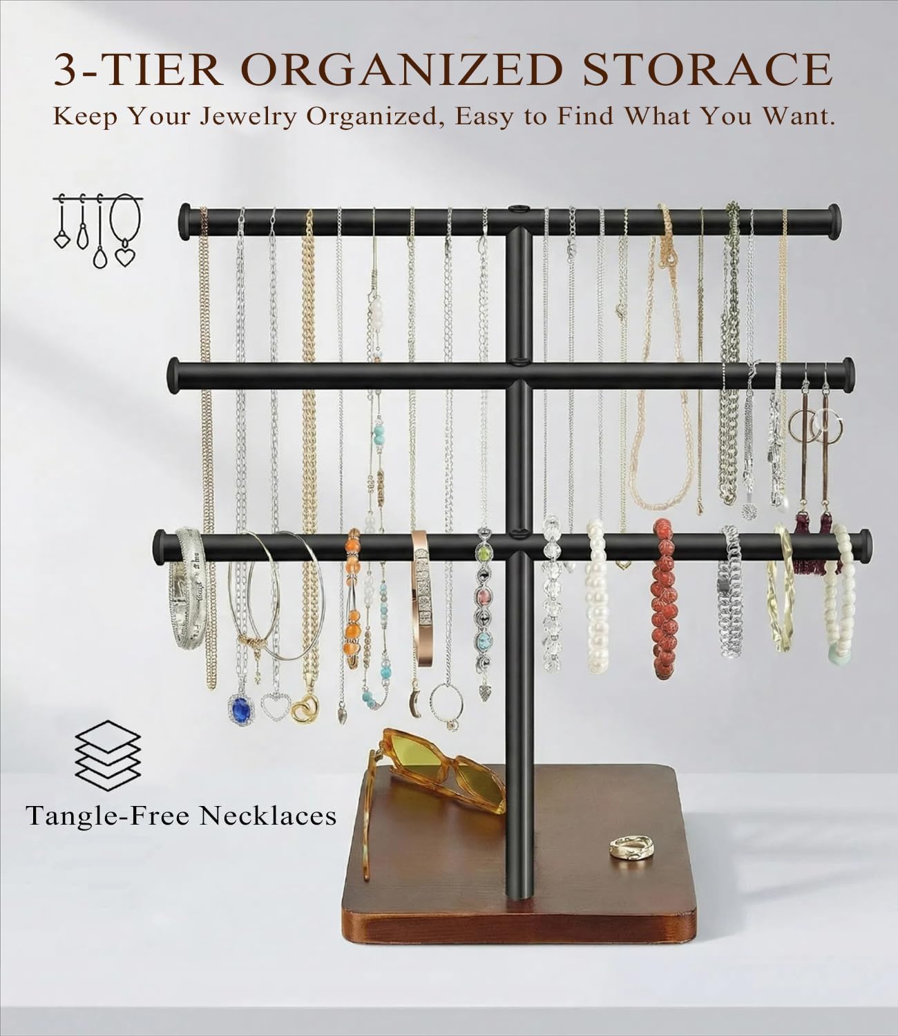 3 Tier Jewelry Holder Organizer, Bracelet Holder Display, Detachable T Bar Wood Jewelry Organizer, Jewelry Display Stand, Necklace Bracelet Holder for Earring, Watches, Rings, 2025 New - Brown