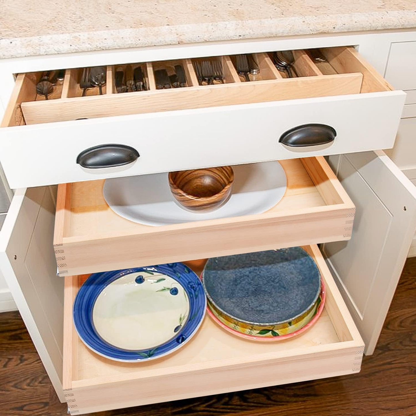 22”W x 21”D x 3”H Soft Close Slide Out Wood Drawer Organizer for Kitchen, Bottom and Side Assembly (Cabinet Opening>23.5 inches for Bottom Assembly, Opening= 23 inches for Side Assembly)