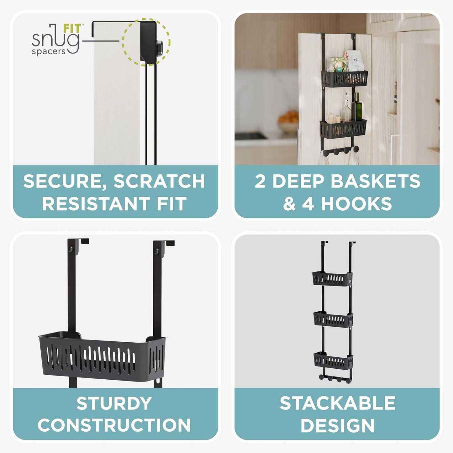 Zenna Home SnugFit Over the Door Caddy Organizer with 2 Storage Baskets and 4 Hooks, Over Door Hanging Organizer for Bathroom, Kitchen, Bedroom, Closet, Easy to Install, No Drilling, Black