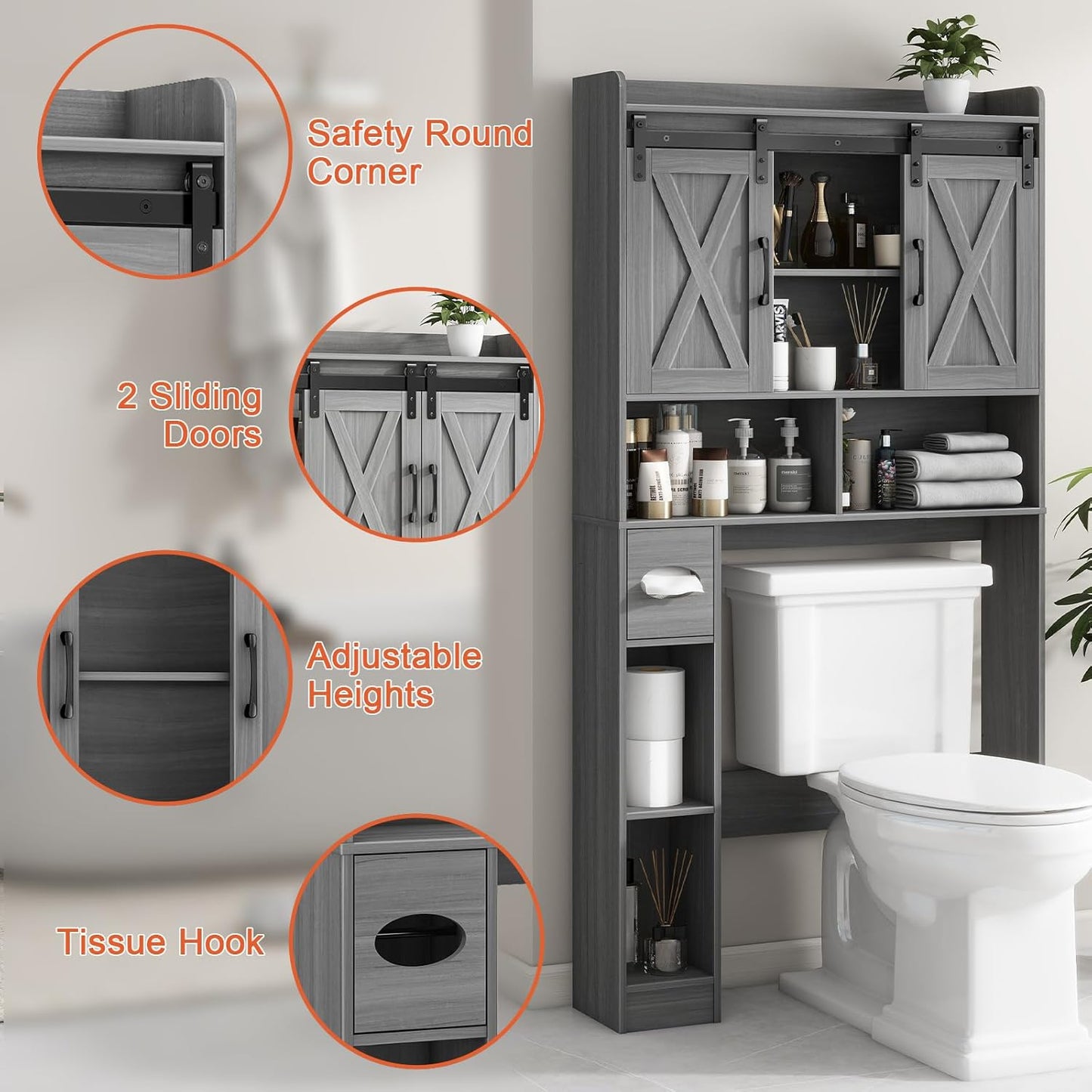 Farmhouse Over The Toilet Storage Cabinet with Sliding Door & Toilet Paper Holder Stand, Space-Saving for Bathroom & Restroom, Wash Grey