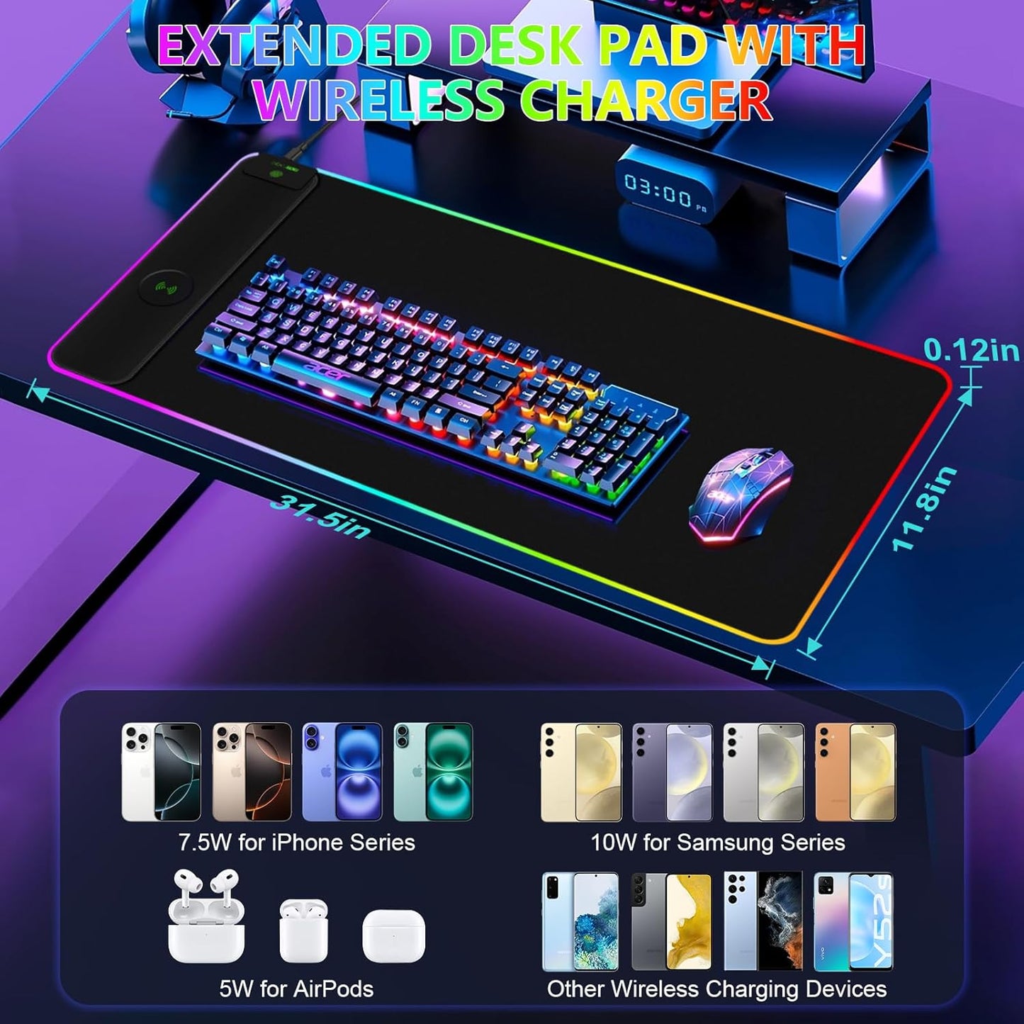 Magnetic Wireless Charging RGB Mouse Pad, 31.5'' x 11.8'' Large LED Gaming Desk Mat, 24 Light Effects, Non-Slip Rubber Base, Waterproof Ultra-Smooth Surface