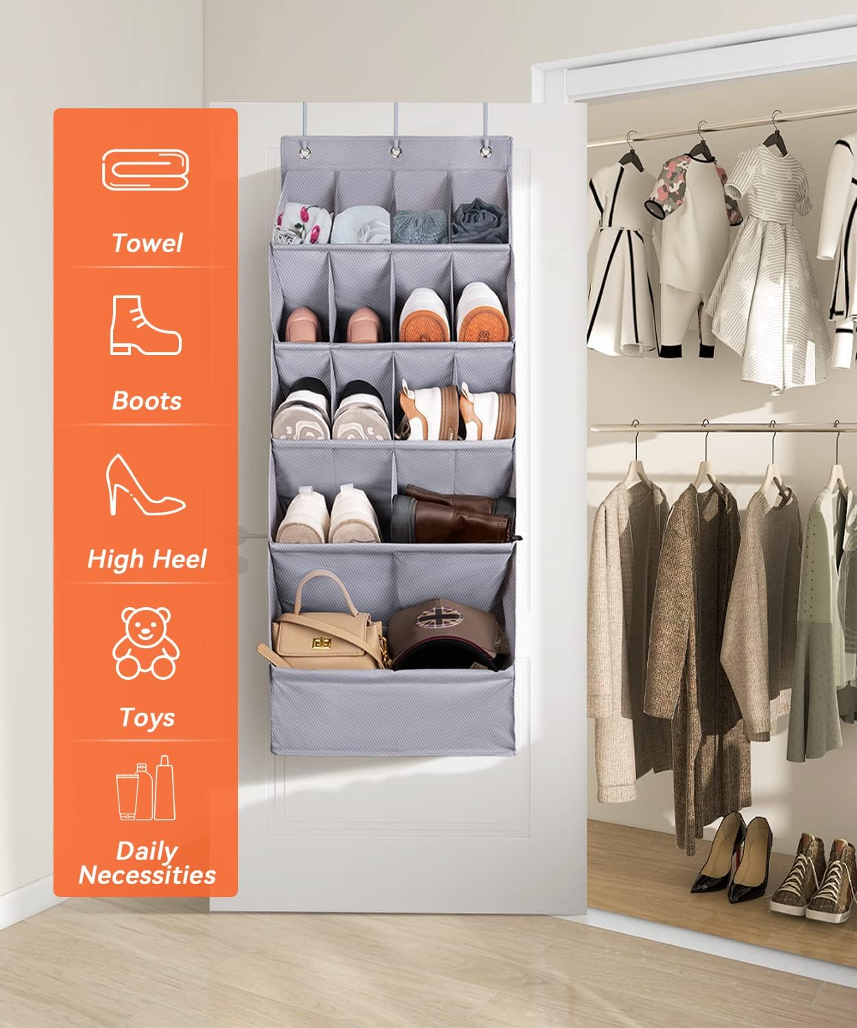 FENTEC 1 Pack Over-the-Door-Shoe-Organizers, Hanging Organizers with Large Pocket Shoe Holder Hanging Shoe Rack for Closet Shoe Organizer for Wall, Over Door Organizer with 15 Pockets Gray