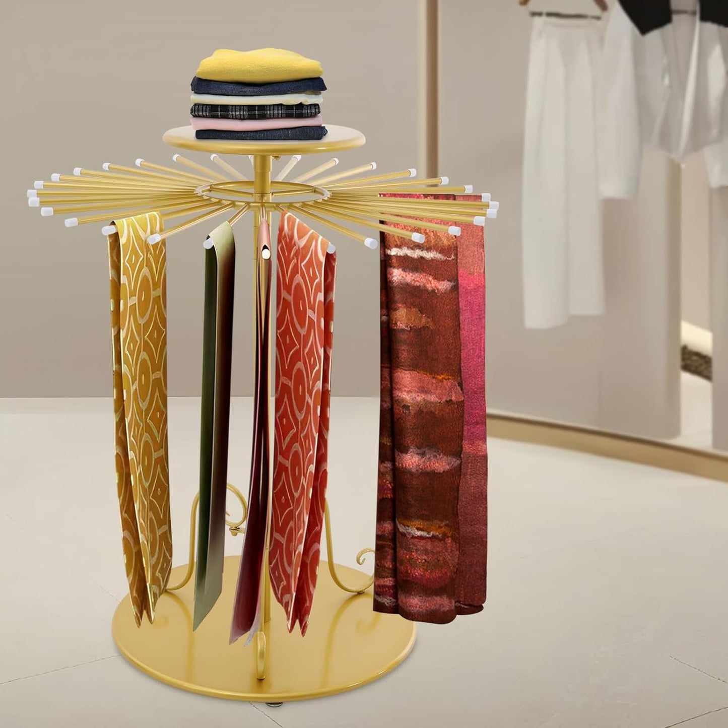 52.8in-Gold Retail Display Tie Scarf Rack, Belt Hanger Tie Rack, 360° Rotation Adjustable Height, Belt Display Scarf Stand Shawls Shelf, Organizer Holder for Clothing Store Retail, Bedroom