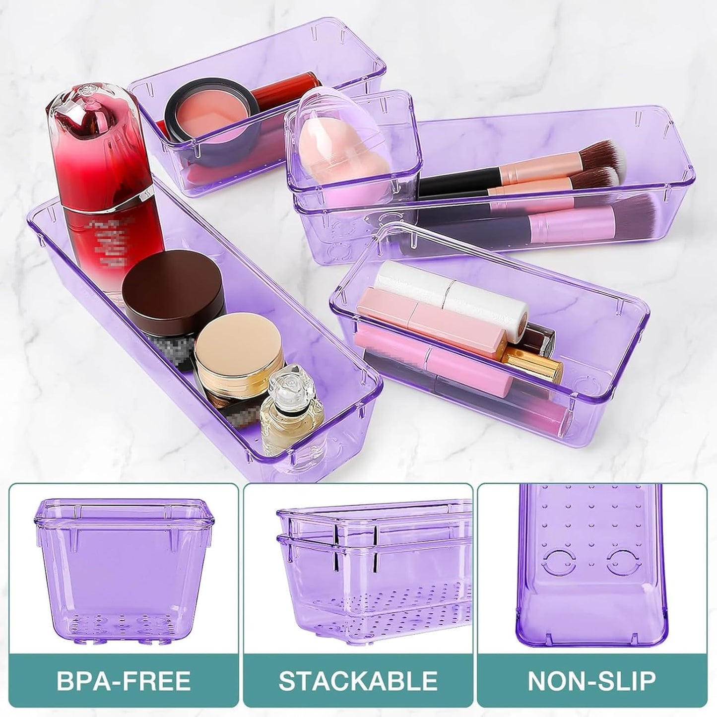10 PCS Drawer Organizer Set, 4 Varied Size Bathroom and kitchen Drawer cabinet organizer Trays, Clear Storage Bins for Makeup, Jewelry, Utensils and Gadgets, Purple