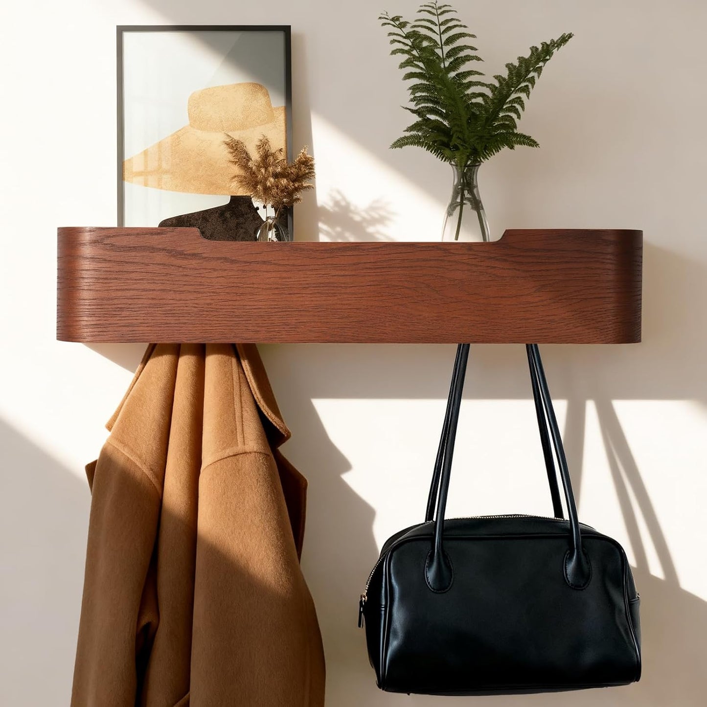 Wall Coat Rack Floating Shelves Modern Coat Rack Wall Mount with Storage Entryway Shelf Wooden Hanger 20 Inch 4 Hidden Metal Hooks for Living Room Bedroom (Walnut Color, 5 Hooks)