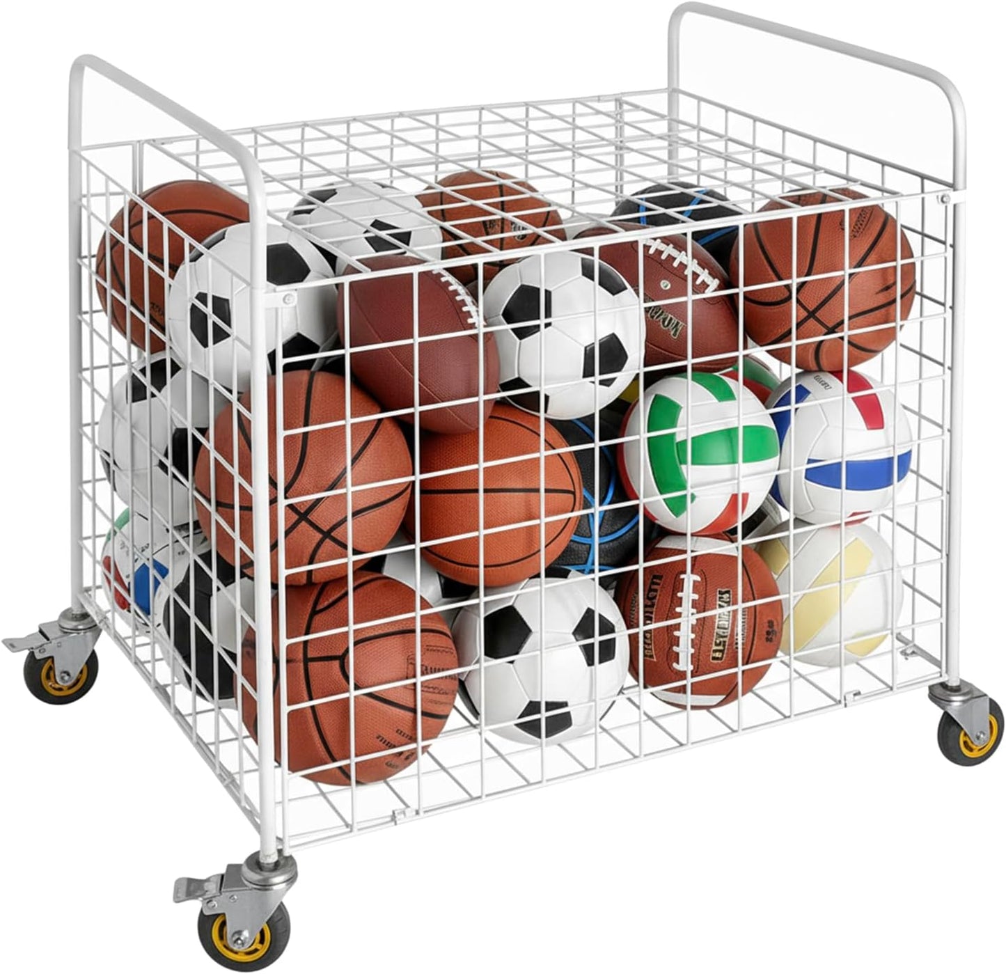MyGift Professional Gym Metal Multi Sports Ball Storage Cart with Jumbo Industrial Wheels, Commercial Grade Portable Equipment Locker Cage for Basketball, Football, Soccer, Volleyball